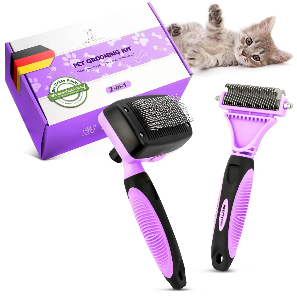 Pretty Paw Spazzola per Gatti Set 2 Pezzi con Cardatore Autopulente e Pettine Sottopelo - Rimozione Pelo Morto per Muta e Cura Quotidiana (Viola)