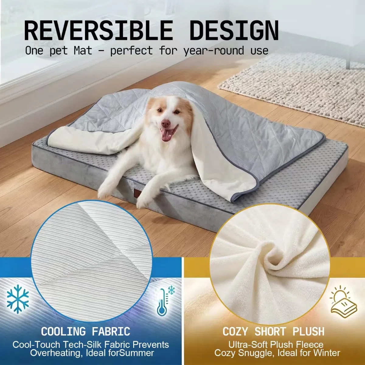 Coperta rinfrescante per cani lavabile e impermeabile, Q-MAX>0.4, 75×60 cm, doppia faccia rinfrescante e peluche, per divano e cani di piccola taglia