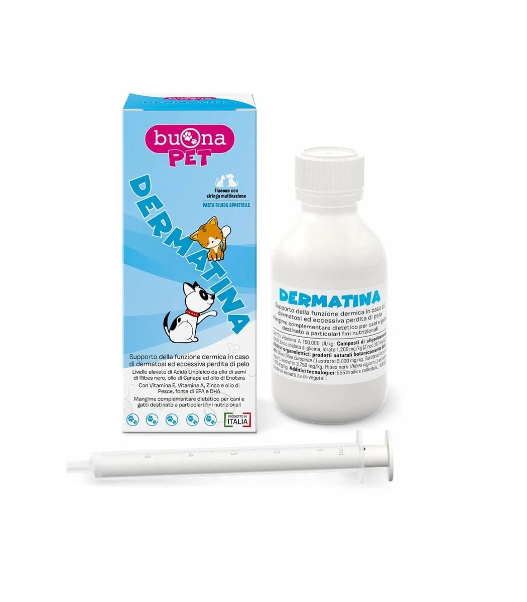 Buona Pet Dermatina 90g con Siringa, Integratore per Dermatite Cane e Gatto, Prurito e Perdita di Pelo, con Zinco, Vitamina E, Bardana, Ribes Nero, Olio di Pesce, Olio di Enotera e Canapa, EPA e DHA