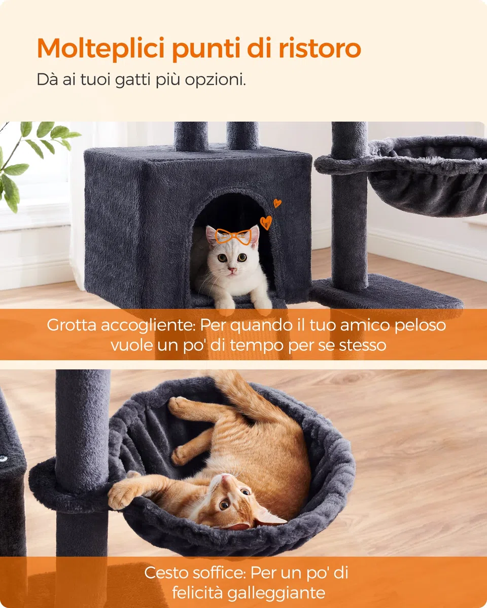 FEANDREA Albero per Gatti, Tiragraffi Piccolo da 135 cm, Condominio per Gatti in Peluche a più Livelli con Copertura per Trespolo Rimovibile Lavabile, Graffiatoio, Cesto, Grotta, Grigio Scuro