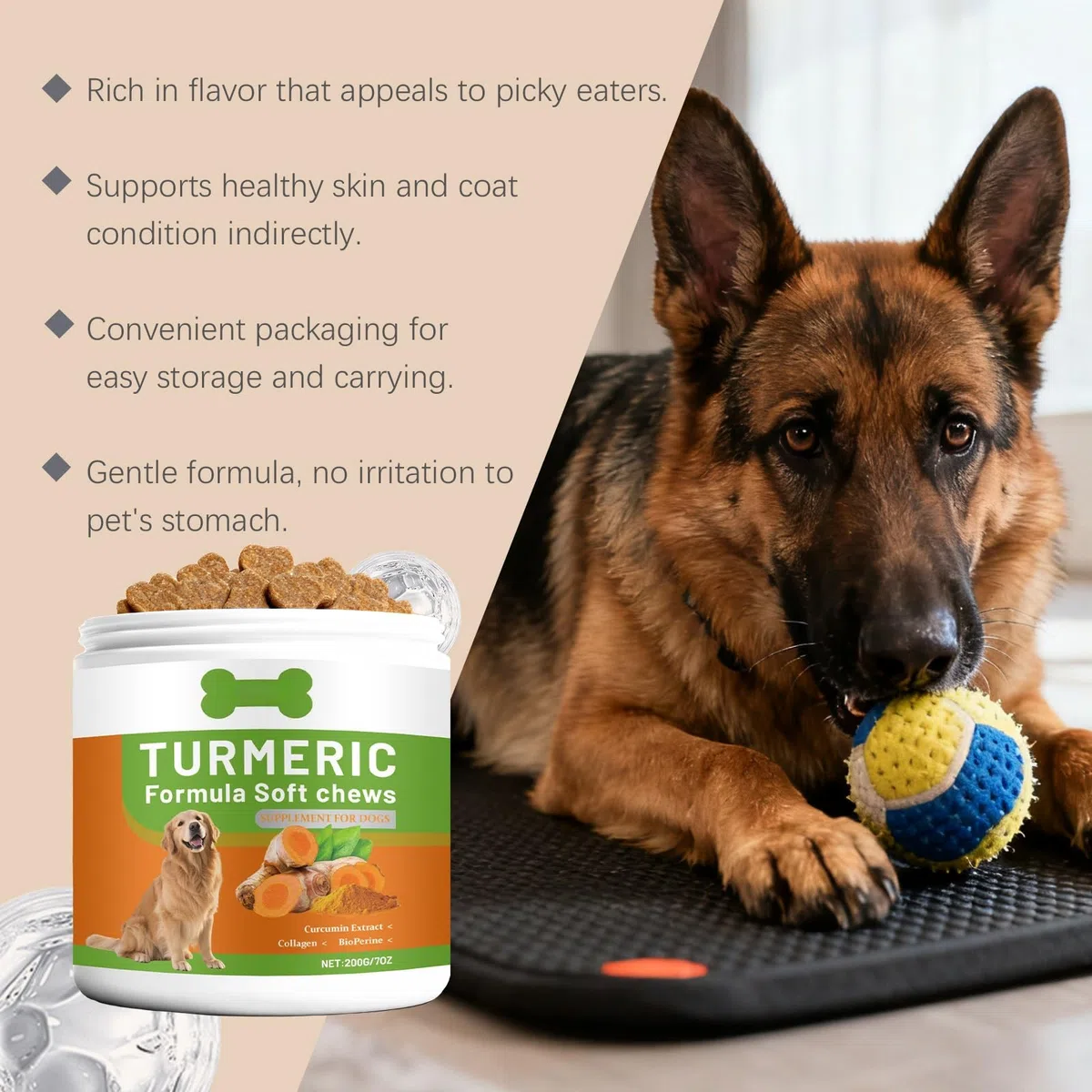 Curcumina per Cani,200g Integratore Alimentare per Cani a Base di Curcuma e Piperina,Supporto per Articolazioni e Mobilità