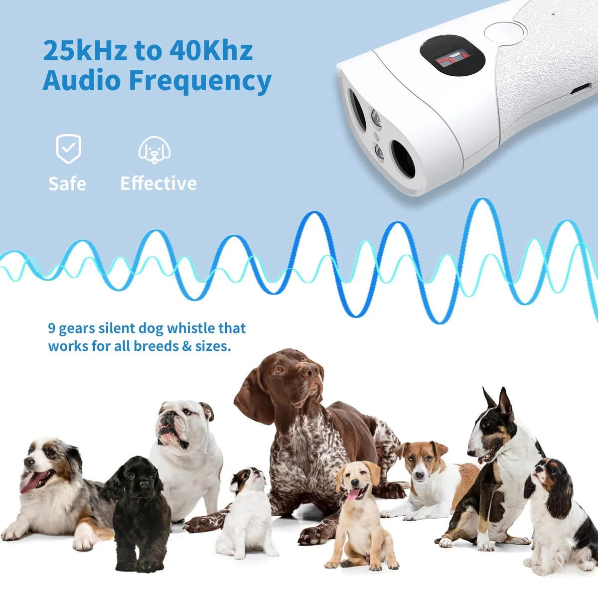 Ankrs Portatile Ultrasuoni Antiabbaio per Cani, Controllo dell'abbaio da Esterno, 9 Livello Regorabile, Portata 7,6M, USB Ricaricabile, Dispositivo di Addestramento Cani con Torcia LED (Bianco)