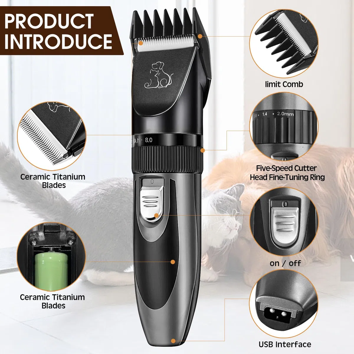 Tosatrice per Cani pelo Lungo Professionale, Rasoio Pelo Lungo per Gatti Macchinetta, Adatto per Peli di Animali Domestici Spessi e Opachi, Impermeabile IPX7, Ricaricabile, Basso Rumore