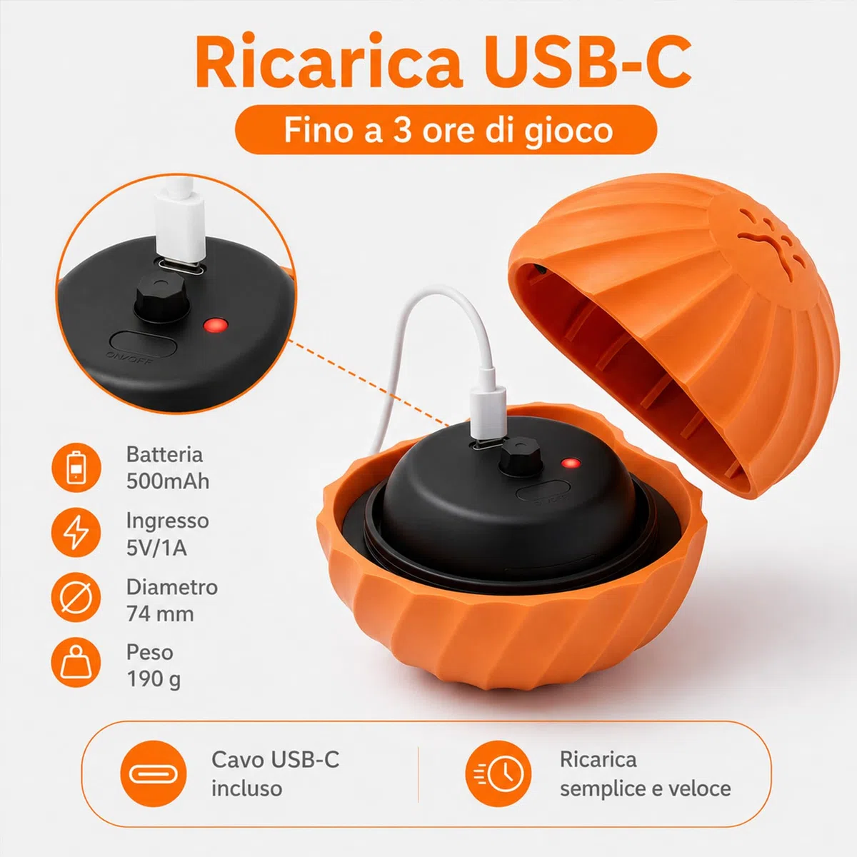 SINOTE'CA Pallina Interattiva per Cani e Gatti, Gioco Automatico con Sensore di Movimento, IP67 Impermeabile e Lavabile, 2 Modalità, 3H Batteria, Gomma Resistente ai Morsi, Ricarica USB-C