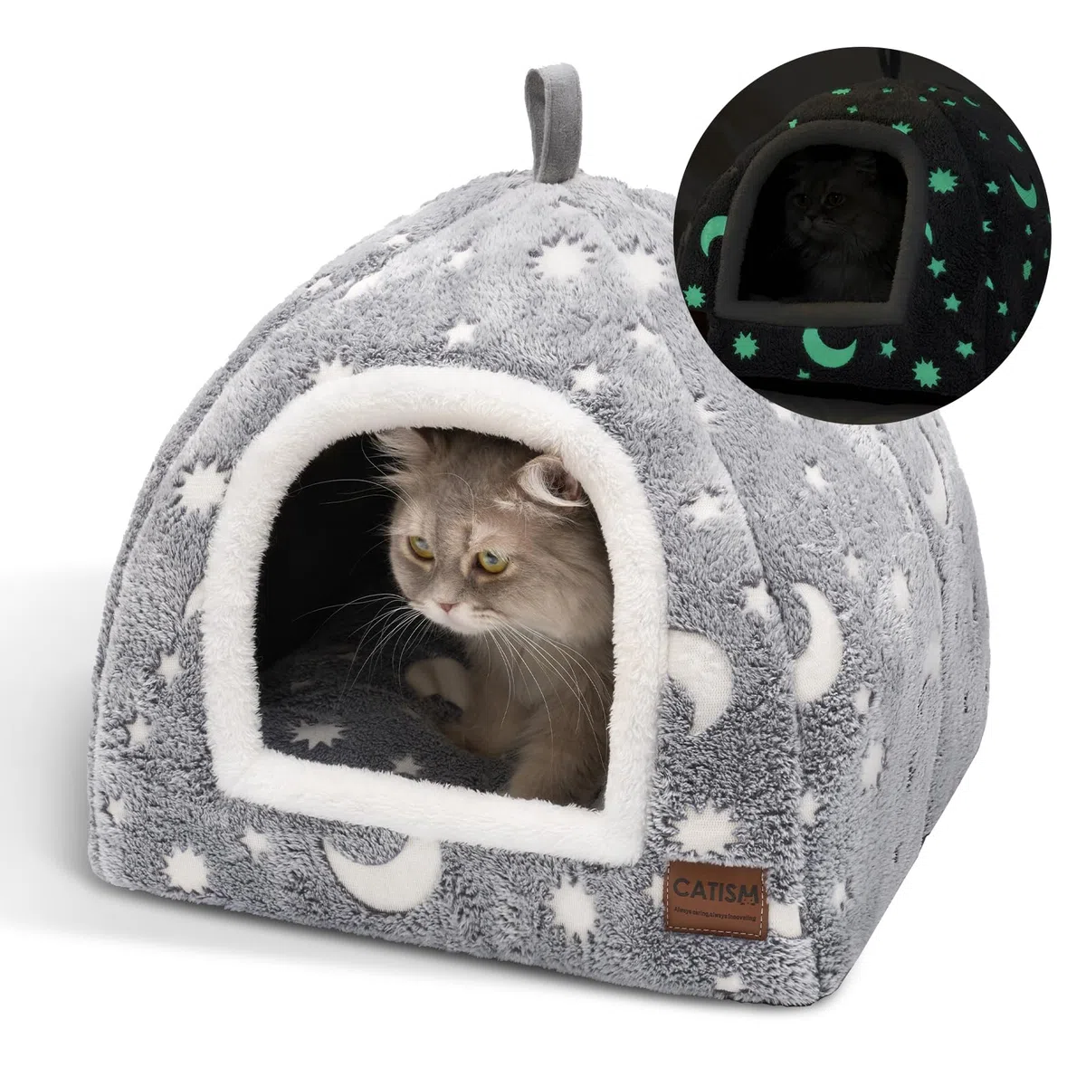 CATISM Luminosa Cuccia Gatto Interno - 2 in1 Cucce per Gatti 40 x 40 x 38 cm, Pieghevole, Lavabile e Confortevole con Cuscino Rimovibile per Gatti, Animali Domestici
