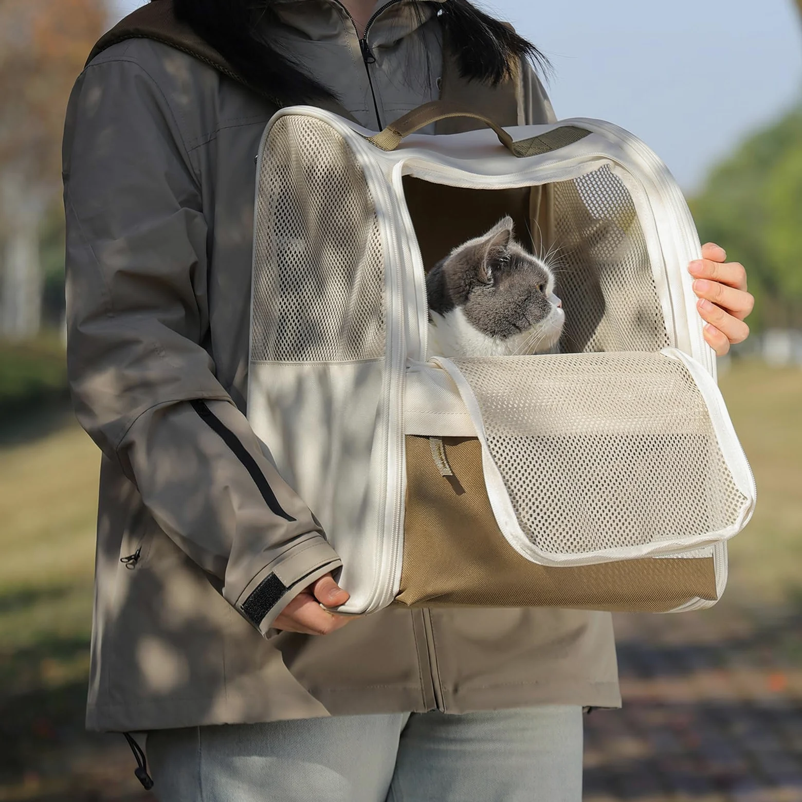 Zaino per animali domestici con finestra a rete, impermeabile 600D Oxford, zaino per cani e gatti, borsa per gatti portatile e pieghevole, borsa per cani traspirante e leggera da viaggio