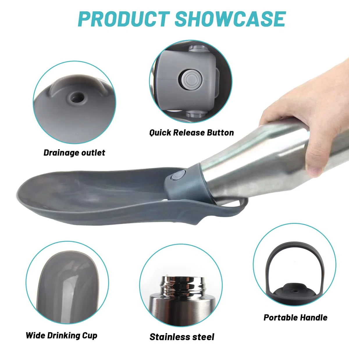 ZoneYan Borraccia Portatile per Cani 750 ml, Dispenser Acqua da Viaggio, Erogatore in Acciaio Inox a Prova di Perdite (Grigio)