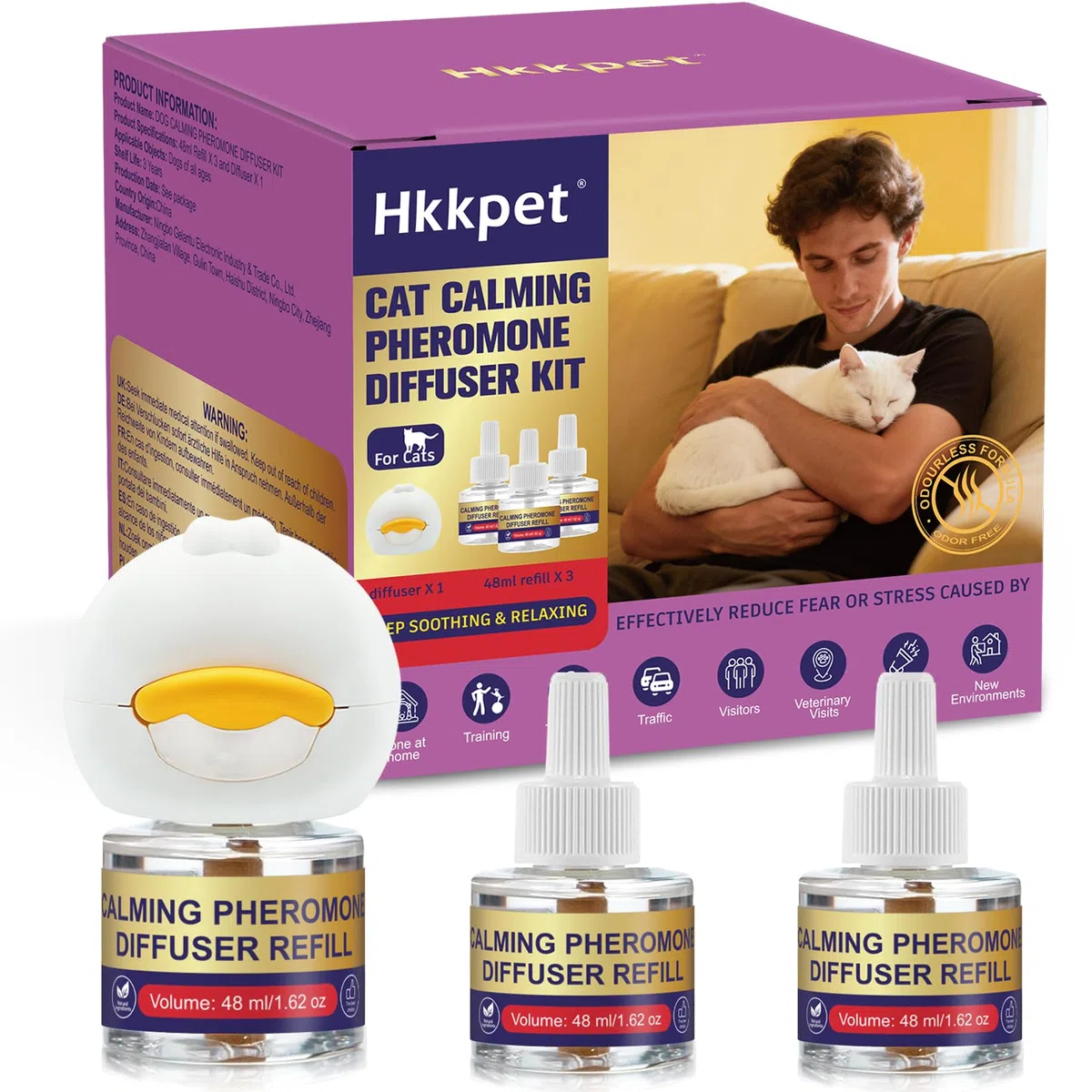 Diffusore di Feromoni Calmanti per Gatti, Riduce Stress, Ansia e Graffi, Aiuta a Ridurre Aggressività e Conflitti tra Gatti, Adatto a Tutti i Gatti, 1 Diffusore + 3 Ricariche da 48 ml
