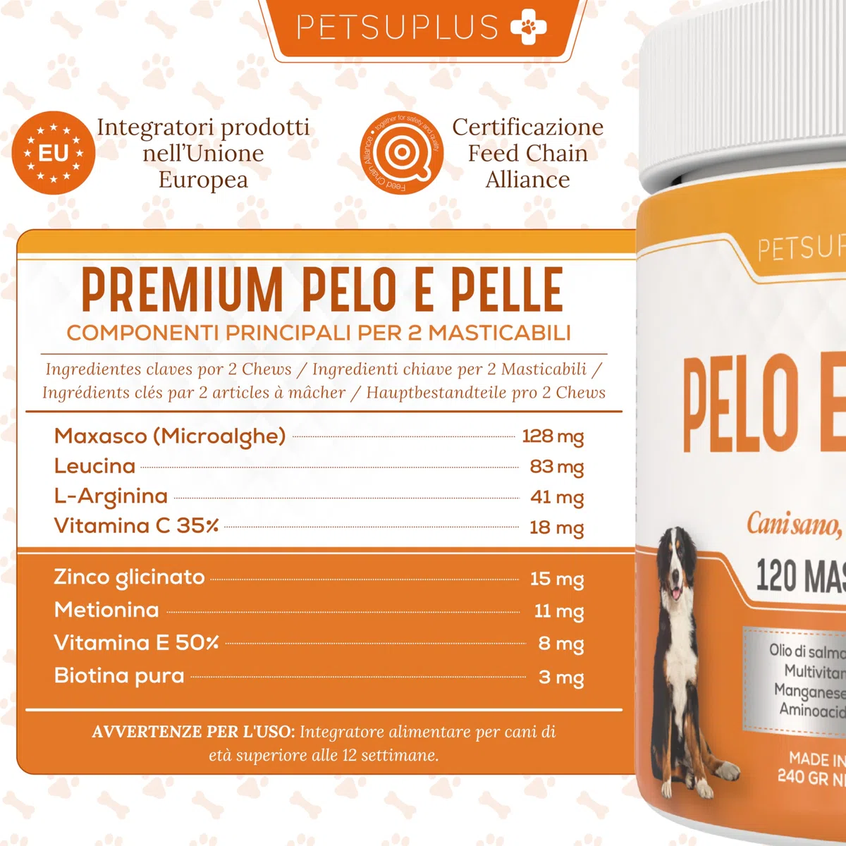 Pelo & Pelle. Integratori per Cani con Vitamine, Omega 3 Cane e Olio di Salmone per Cani. Combatte Sintomi quali Prurito, Pelle secca, Irritazione, perdita di Pelo e Irritabilità. 120 chews