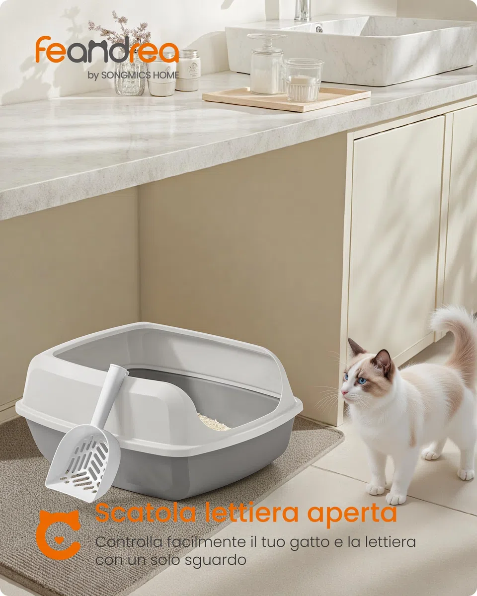 Feandrea Vassoio Lettiera per Gatti con Bordi Alti, XXL, Aperto con Paletta, per Gattini e Gatti Grandi, Bianco Nuvola PPT010W101