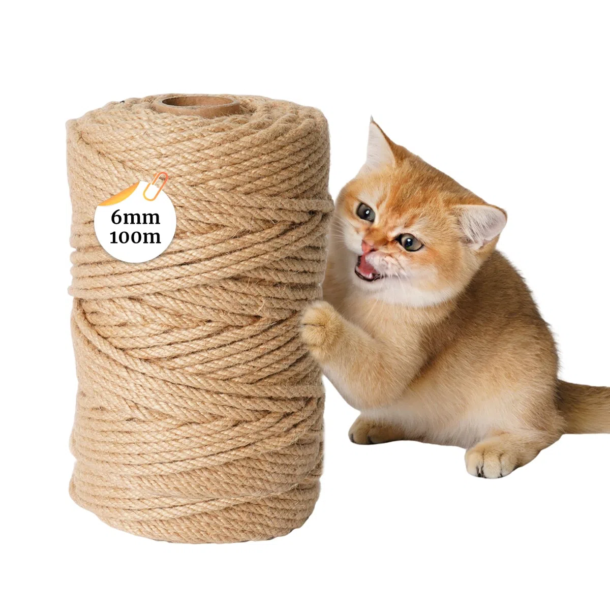 Corda per Tiragraffi 6mm X 100m, Corda Canapa, per Riparazione e Sostituzione di Gatto Scratching Pilastro, Gatto Albero, Gatto Graffiare Pad, Decorazione della Casa e del Giardino