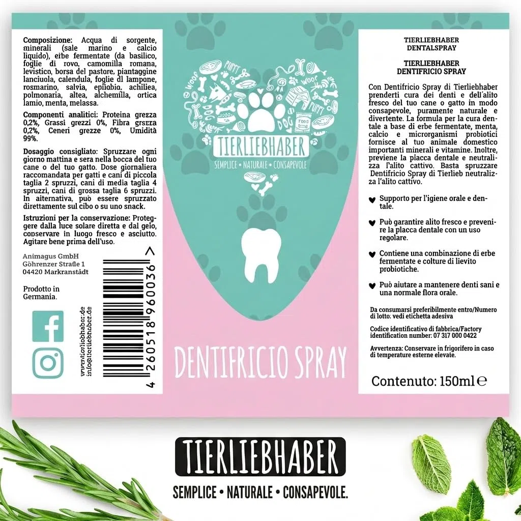 TIERLIEBHABER – Dentifricio Spray per Cani 150ml – Dentifricio contro Alitosi, Placca e Tartaro Cane sviluppato da Veterinari – Dentifricio per Cani 100% Naturale – Pulizia Delicata dei Denti del Cane