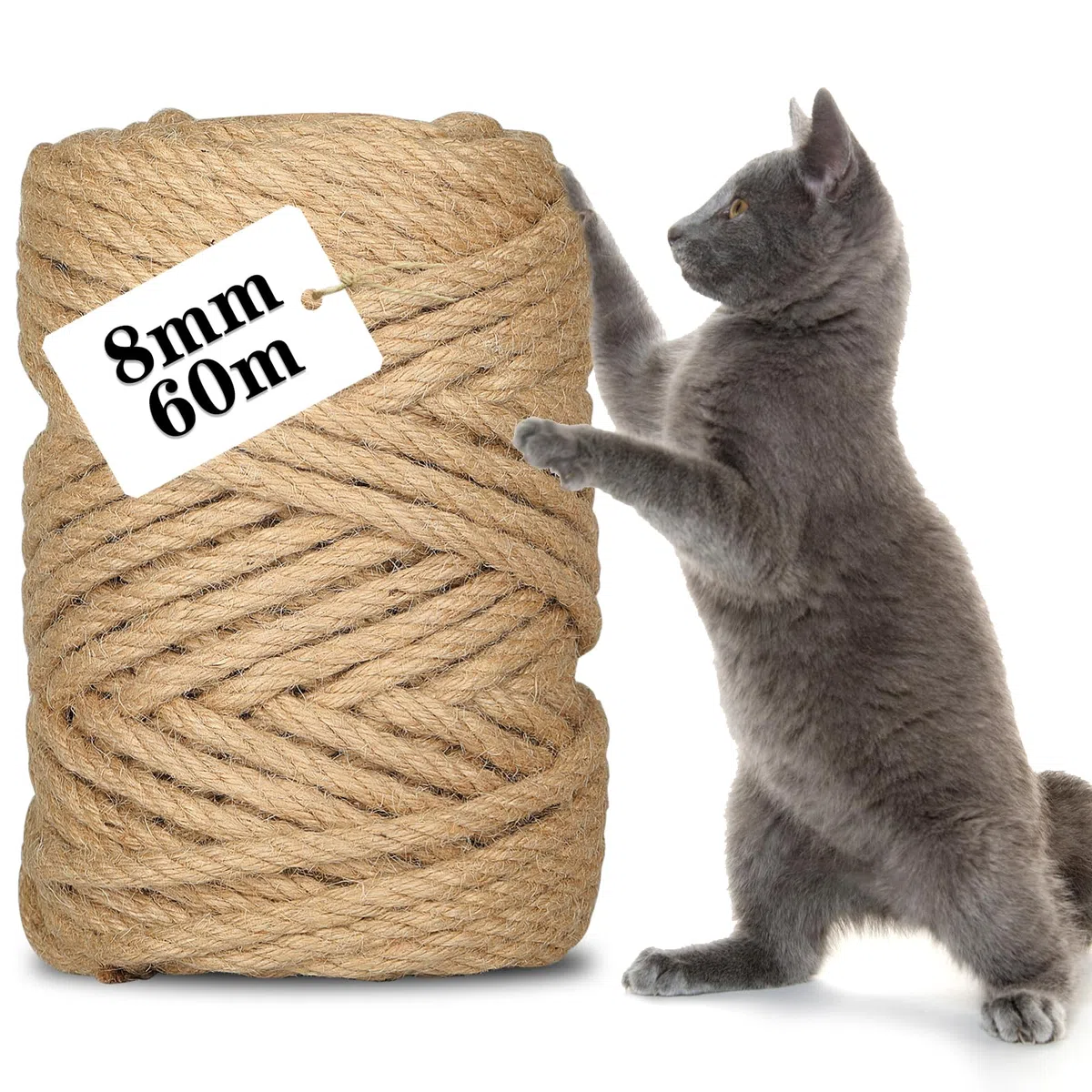 Corda Sisal per Tiragraffi per Gatti 8mm x 60m, Corda Juta Naturale per DIY Tiragraffi per Albero di Gatto, Filo per Graffiatoio, Ideale per Casa, Giardino, Decorazioni