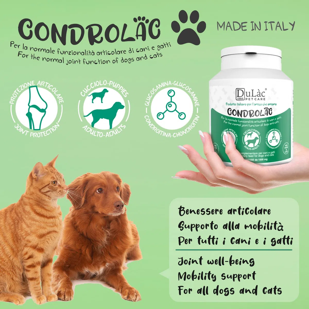 Dulac - Condrolac Integratore Articolazioni Cane e Gatto, 90 Compresse, con Glucosamina e Condroitina, Favorisce la mobilità delle Articolazioni, Ideale per tutte le Razze e Taglie, Made in Italy