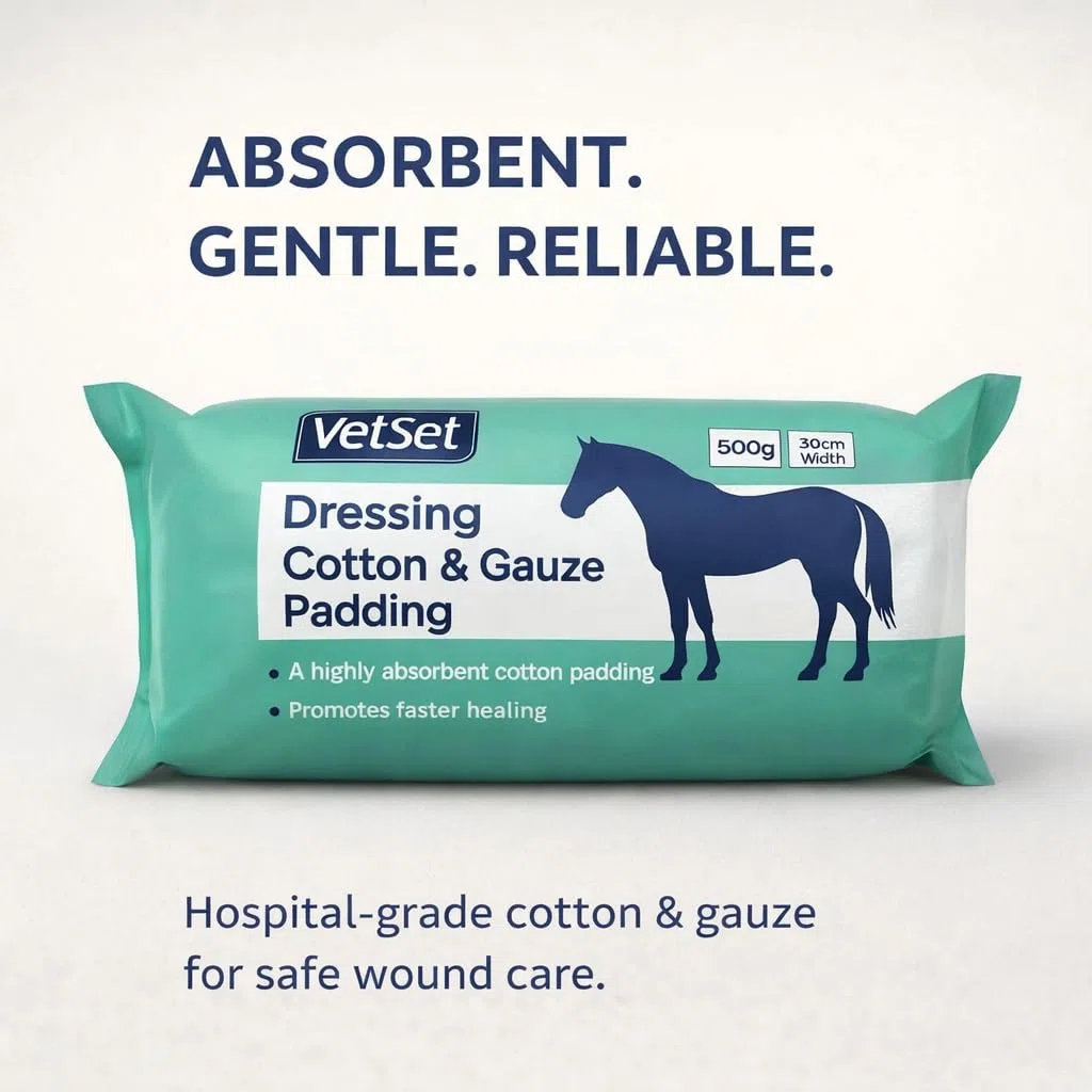 Gomitolo di cotone e garza per cavalli, 500 g, medicazione veterinaria altamente assorbente per cavalli, imbottitura di qualità ospedaliera per protezione, isolamento e guarigione VetSet