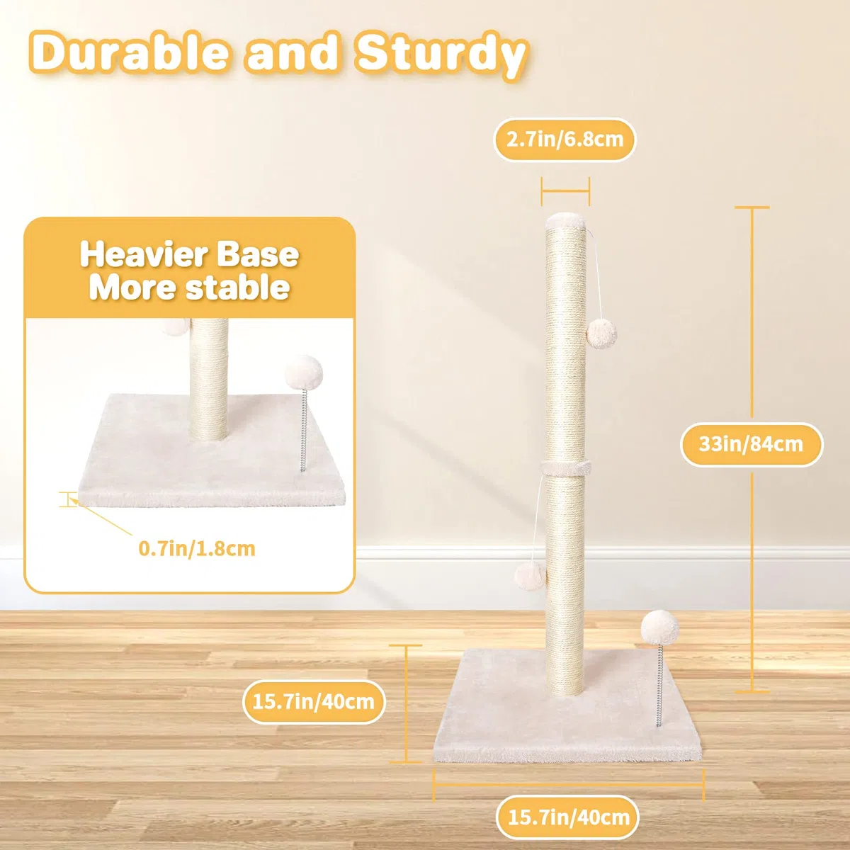Dohump Tiragraffi per Gatti, 84cm Albero Tiragraffi per Gatti Adulti di Sisal Naturale con Palla Appesa, Base Pesante Ricoperta Morbida Peluche Liscia Per i Gattini, Beige