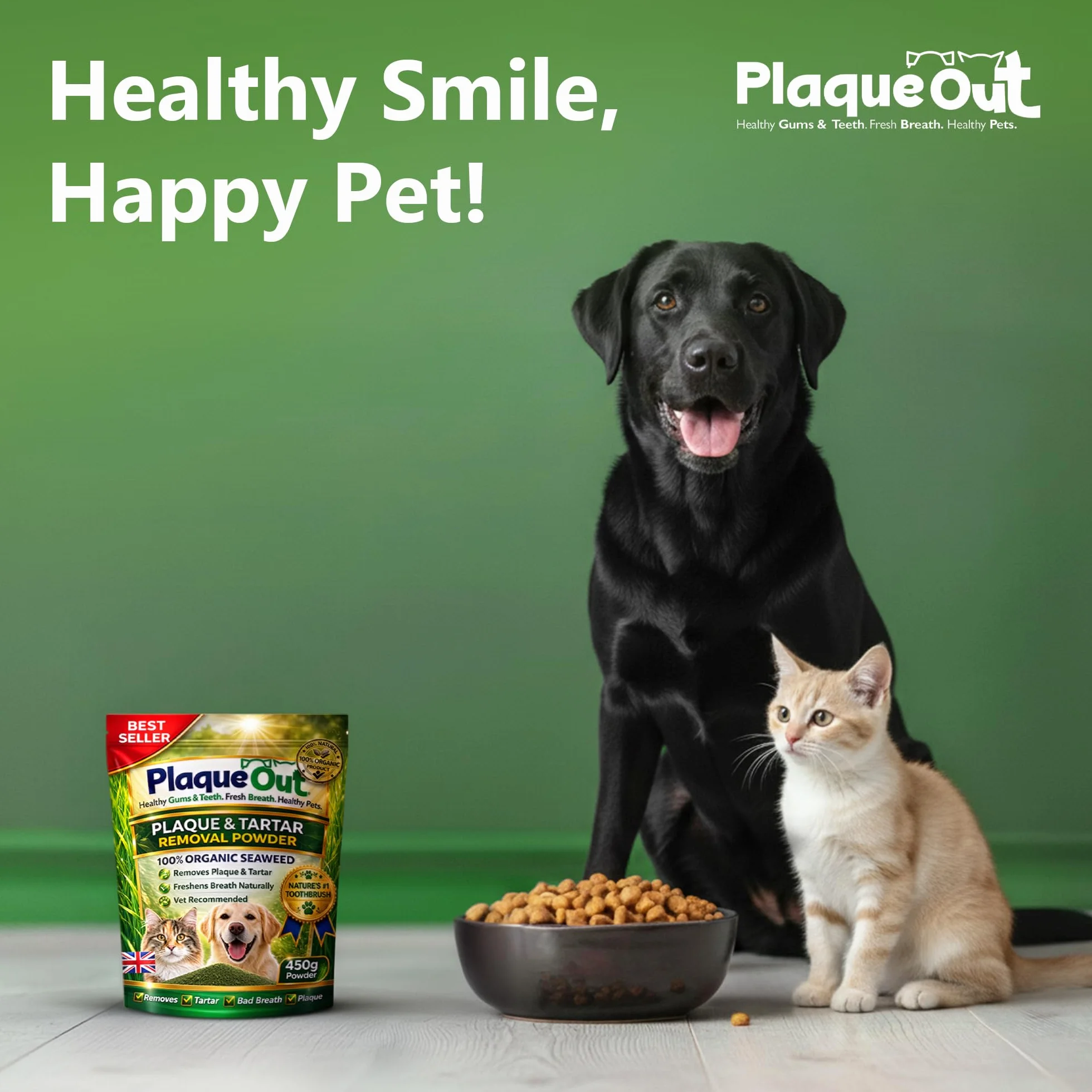 PLAQUE OUT 450G Pouch Tartaro Placca Off Remover, Alito Cattivo Denti Gum Care per Cani, Gatti 100% Biologico