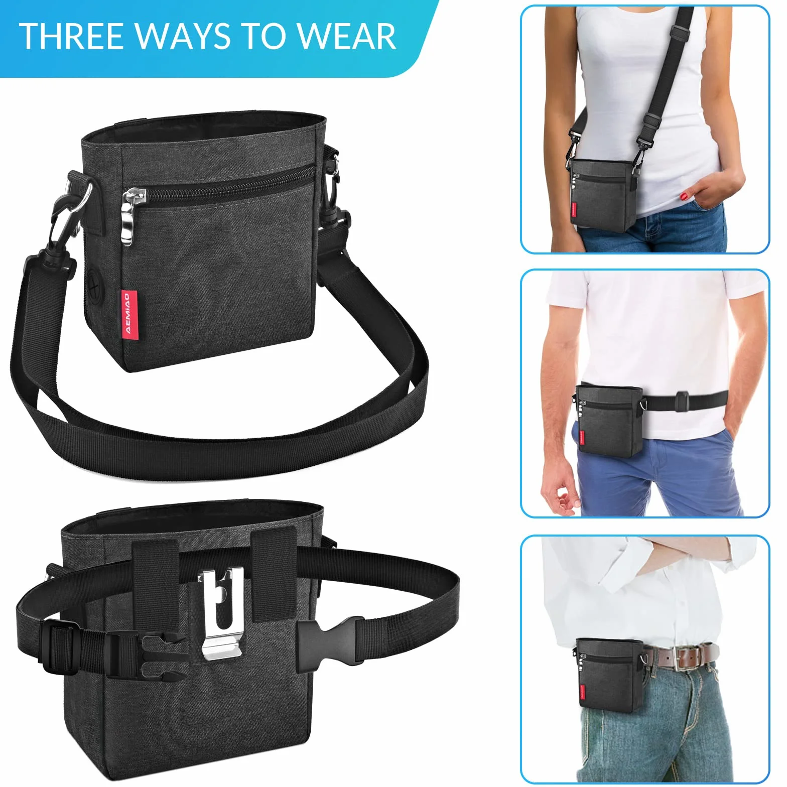 Borsa Addestramento Cane con Chiusura Magnetica, Sacchetto di Allenamento per Cani con Dispenser Integrato, Borsa Porta Snack per Ccon Tracolla Regolabile per Uso Estani erno, Grigio Scuro