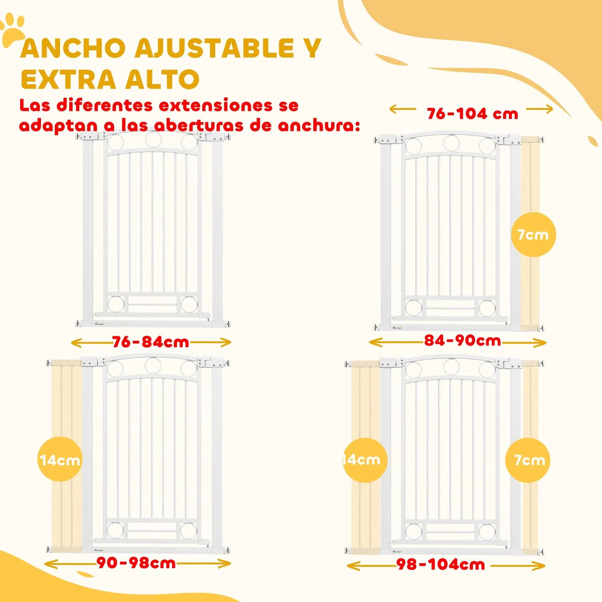 PawHut Cancelletto per cani con barriera di sicurezza per cani 76-104 cm Altezza 105 cm con 2 prolunghe 7/14 cm per scale e cancelli Bianco
