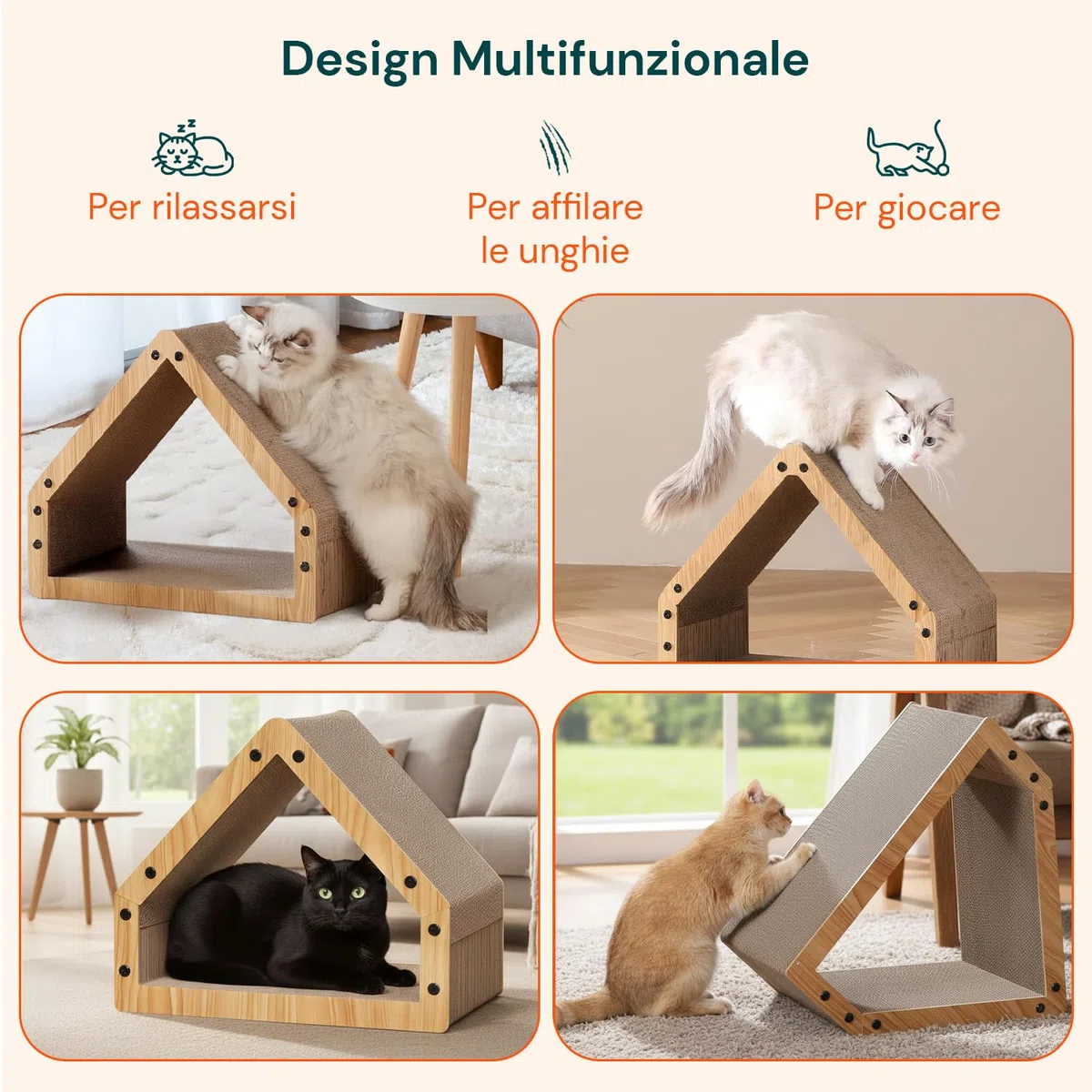 Avilia Tiragraffi per Gatti Casetta in Legno con Rifugio Interno - Graffiatoio e Cuccia 2-in-1 in Cartone Ondulato, Design Salvaspazio 50x30x42 cm, Stabile fino a 10 kg