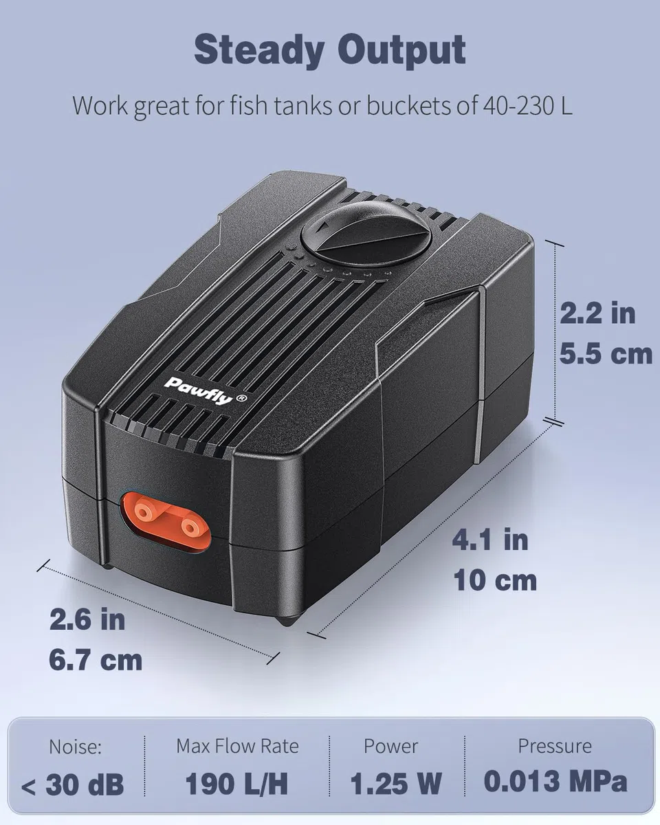 Pawfly ad aria per acquari Pawfly 190L/H per secchi per acquari da 40-230 L Pompa aeratore silenziosa a doppia uscita con tubo di linea aerea Attacchi per pietre d'aria e valvole di non ritorno