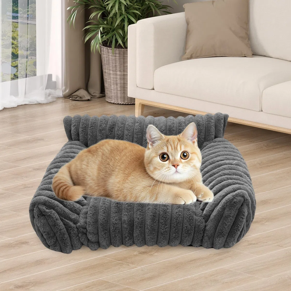 Cat Divano Bed, Plush Pet Couch, Chew-Proof Dog Lounger, Sturdy Cozy Nest Cushion, Comfortable Resting Spot for Small Pets for Patio, Bedroom, Outdoors, Travel, Living Room, Car, Apartment