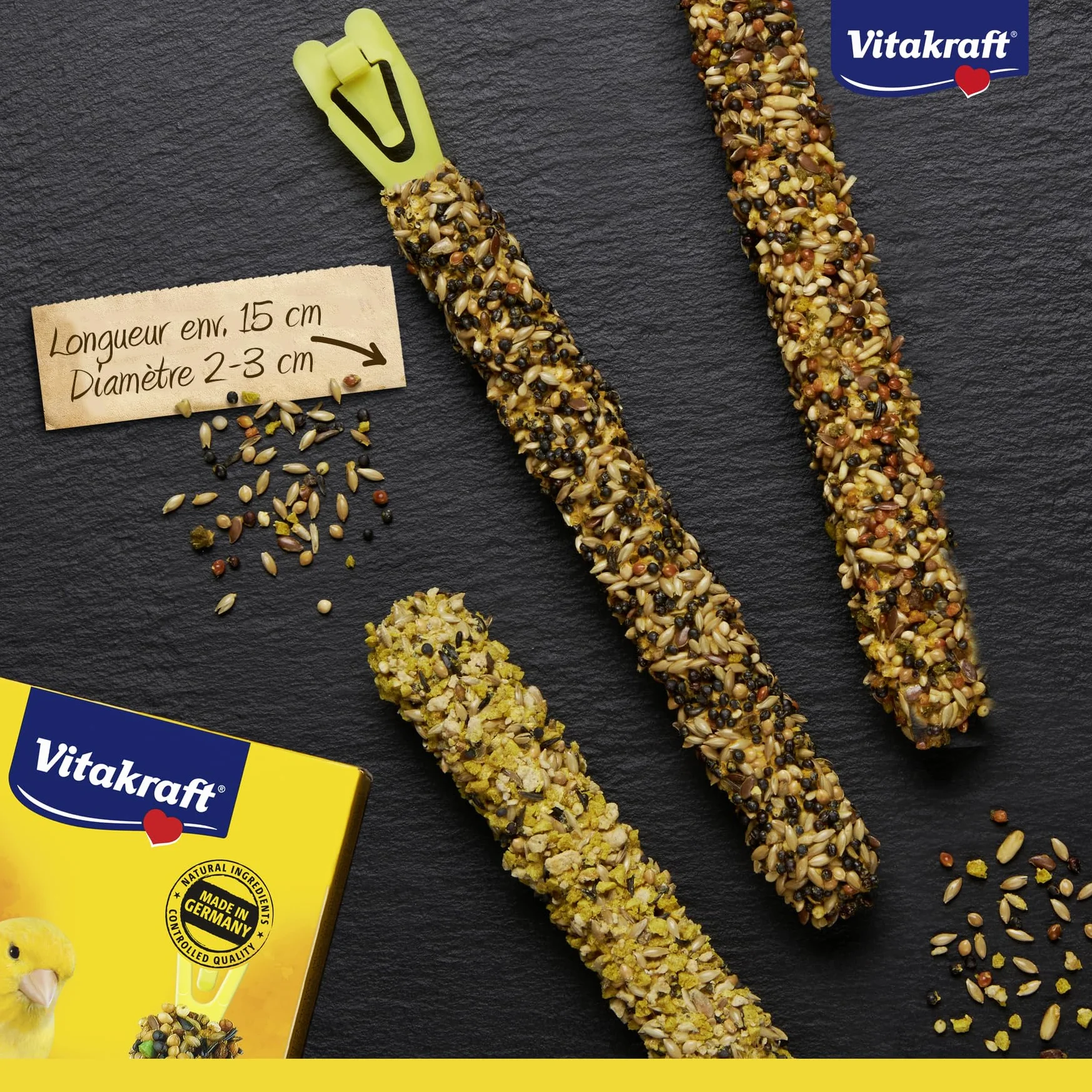 Vitakraft Kräcker Mix, snack per uccelli, per canarini, bastoncini da sgranocchiare, con uovo e semi da prato, con kiwi e limone, con banana e sesamo, senza zuccheri aggiunti (10x 80g)