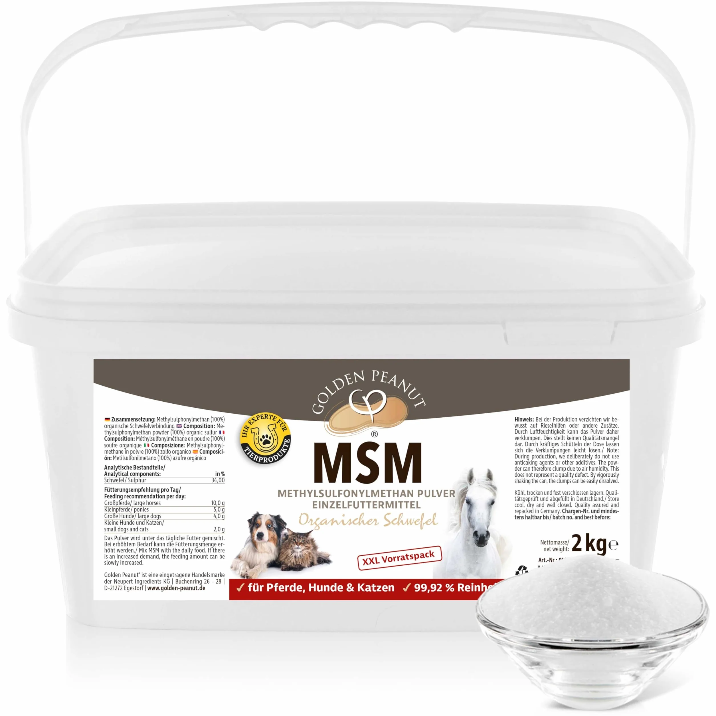 GOLDEN PEANUT MSM metilsulfonilmetano polvere 2 kg per animali, grado di purezza 99,92%, composto organico zolfo, senza ausilio