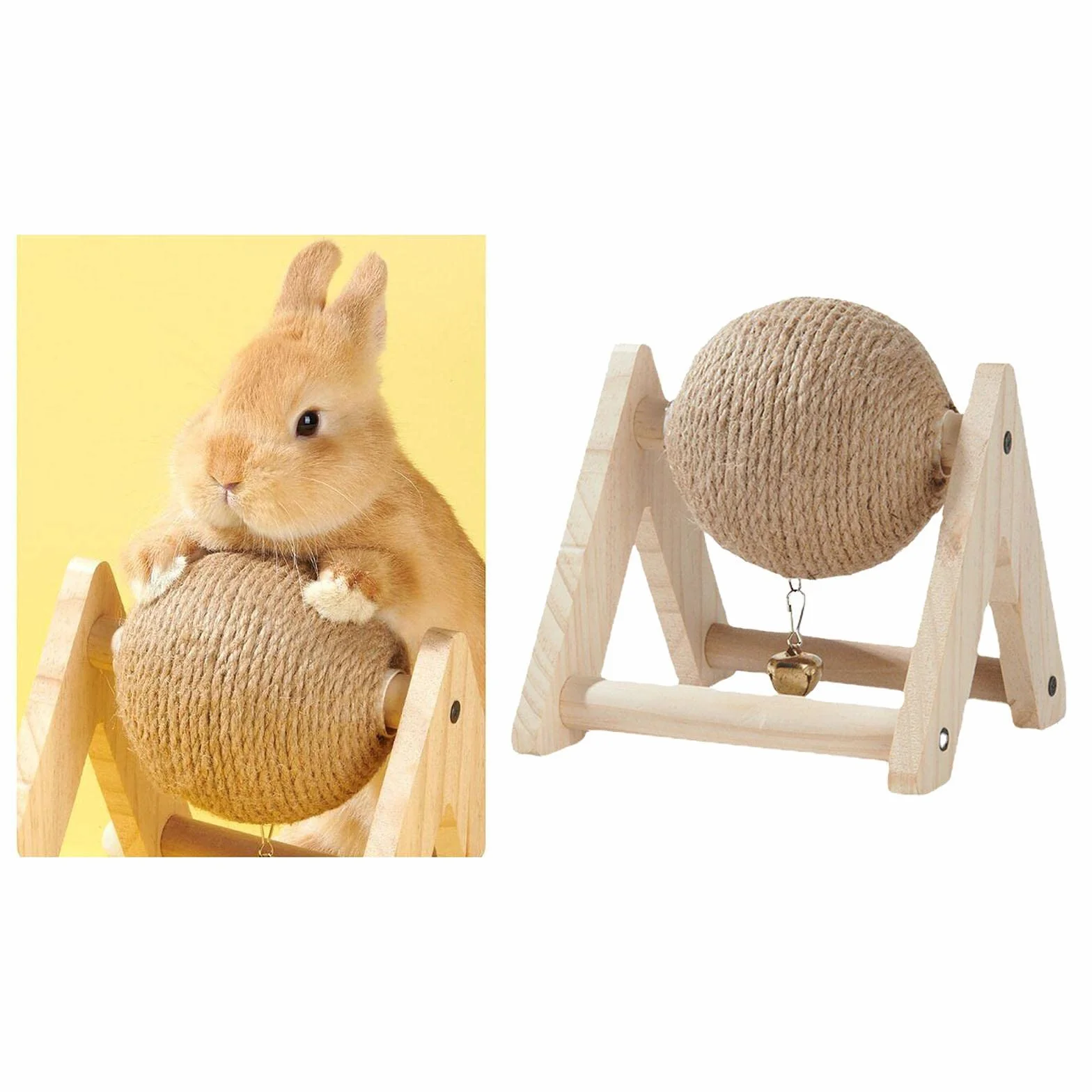 MagiDeal MagiDeal, palla tiragraffi per coniglio con sfera, 2 in 1, giocattolo interattivo, supporto in legno con campanella, per gattini, cincillà, piccoli animali gattini