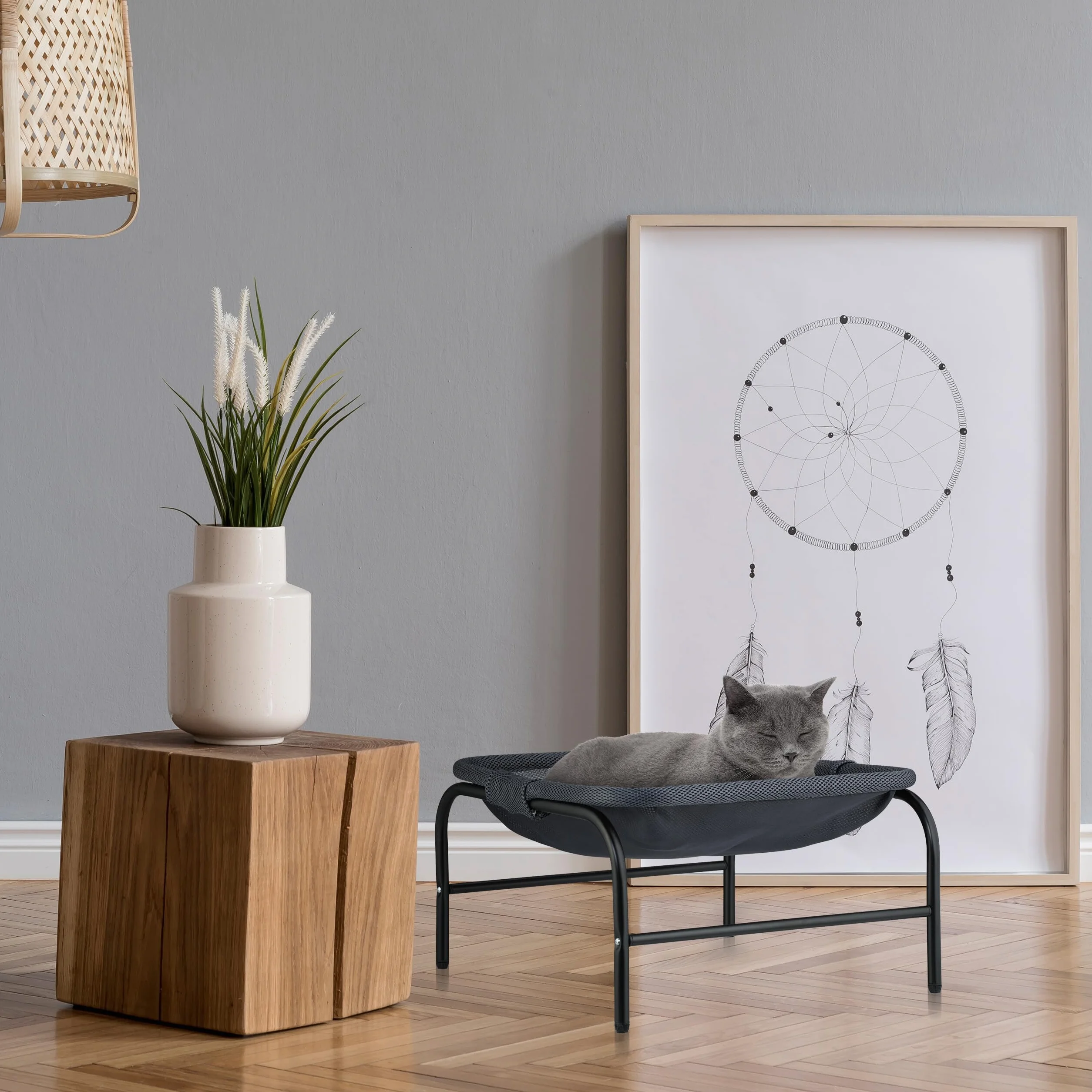 Relaxdays Letto Amaca per Gatti e Cani Piccoli, Cuccia Rialzata Animali Domestici, Lettino HLP: 27x45x45 cm, Grigio Nero