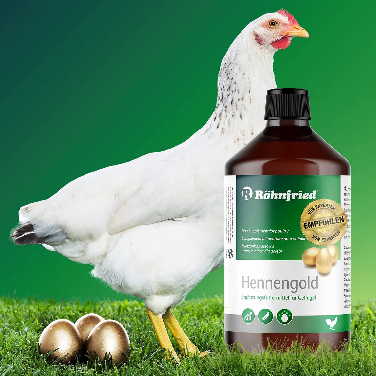 Röhnfried Hennengold Integratore Alimentare (1000 ml) con minerali e Calcio per polli additivo per Acqua Potabile Contro Le Uova rotte e per Aiutare la Muta, mangime per Allevamento