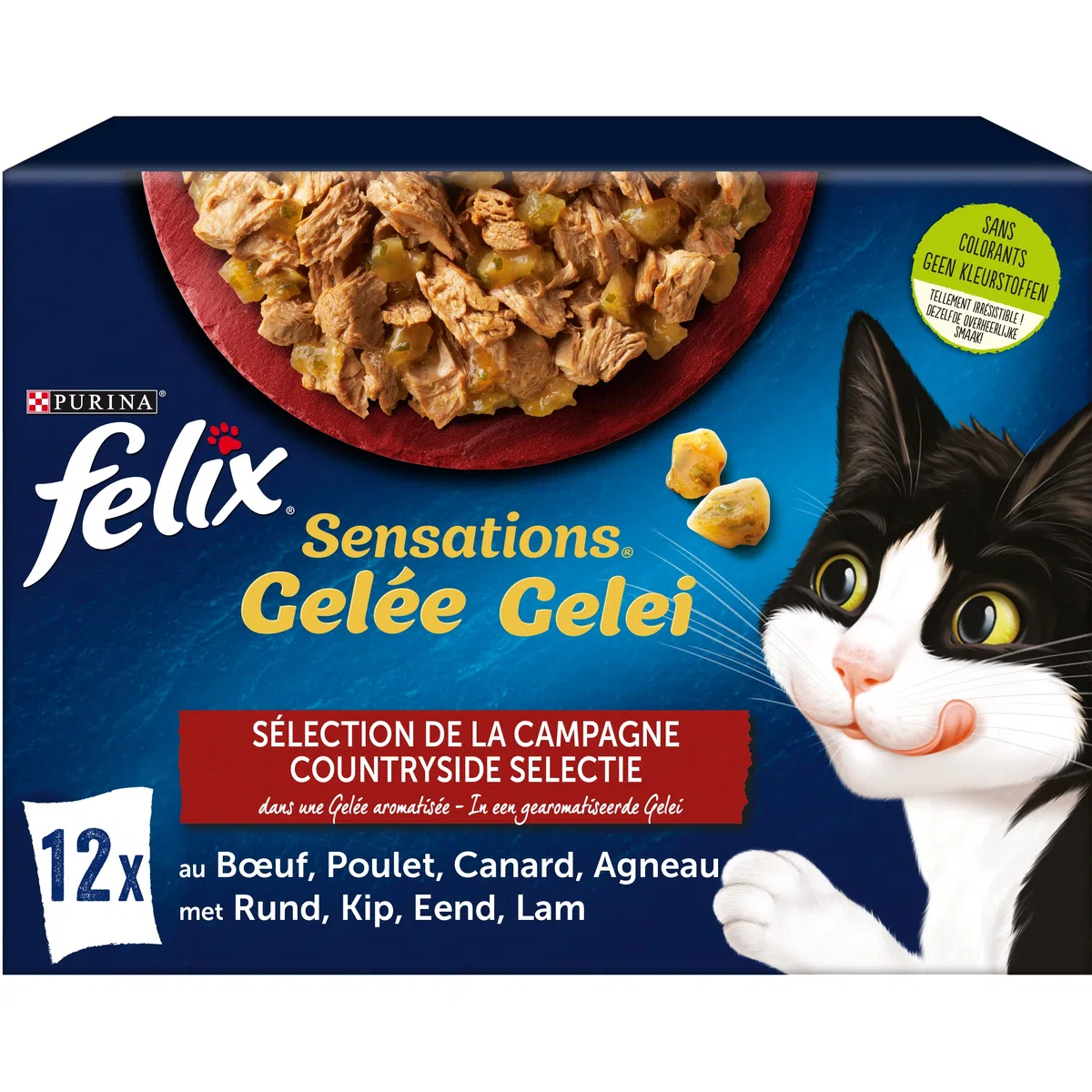 FELIX Sensazioni gelatina | Gatto adulto | Selezione di manzo, pollo, anatra, agnello, confezione da 12 x 85 g | Sacchetto di freschezza
