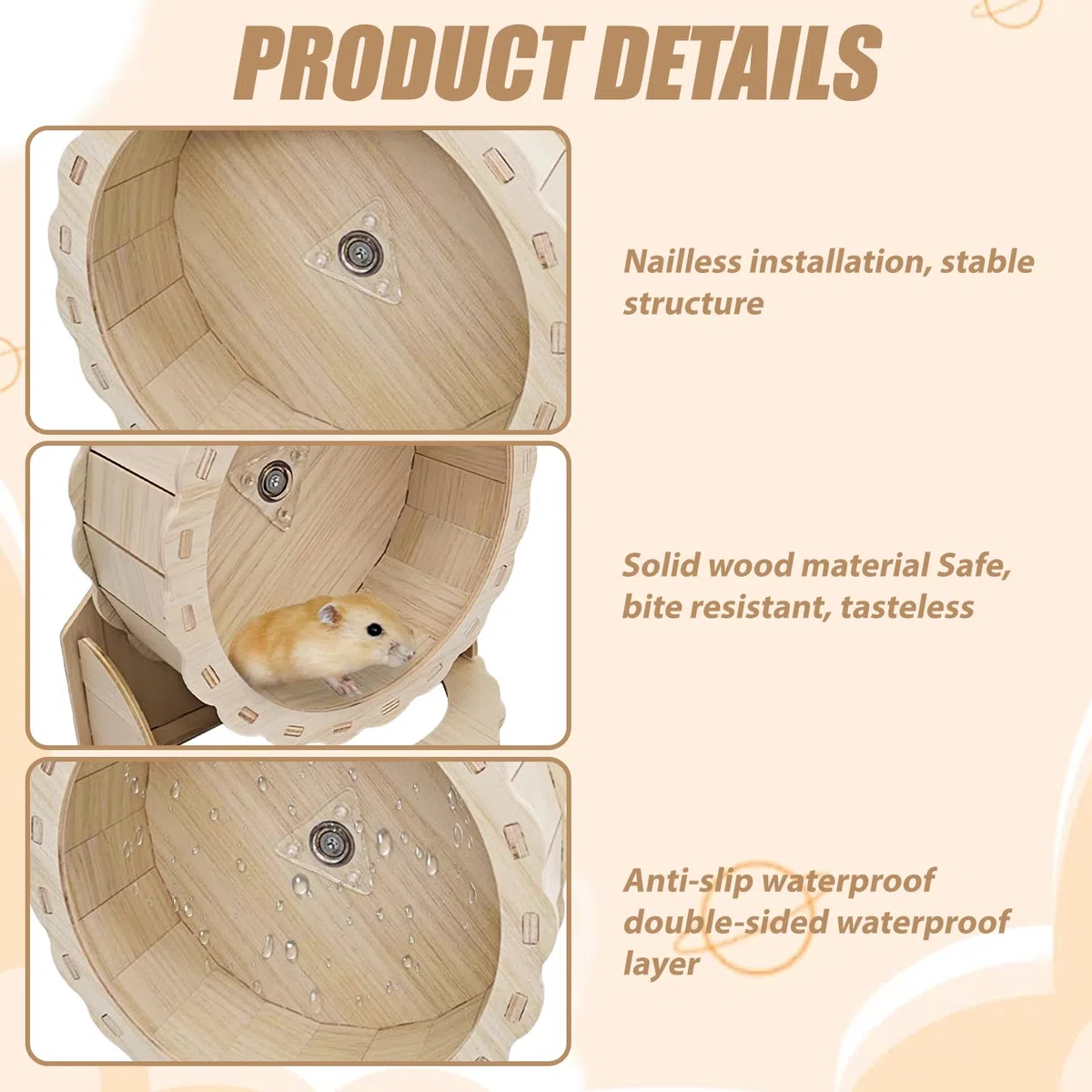 Ruota in legno, 23 cm, per criceti e piccoli animali domestici, silenziosa, in legno, per criceti nani, gerbilli, topi, giocattolo per piccoli animali