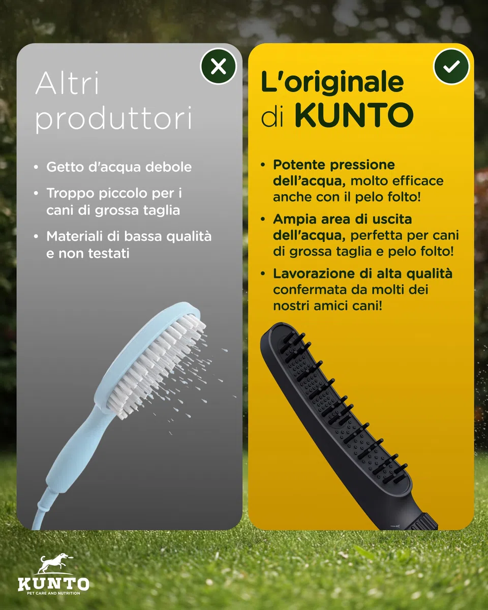 doccia KUNTO®: doccia per cani a 4 getti - setole in silicone per pulizia piacevole ed efficace del pelo. Adattatore per tubo da giardino