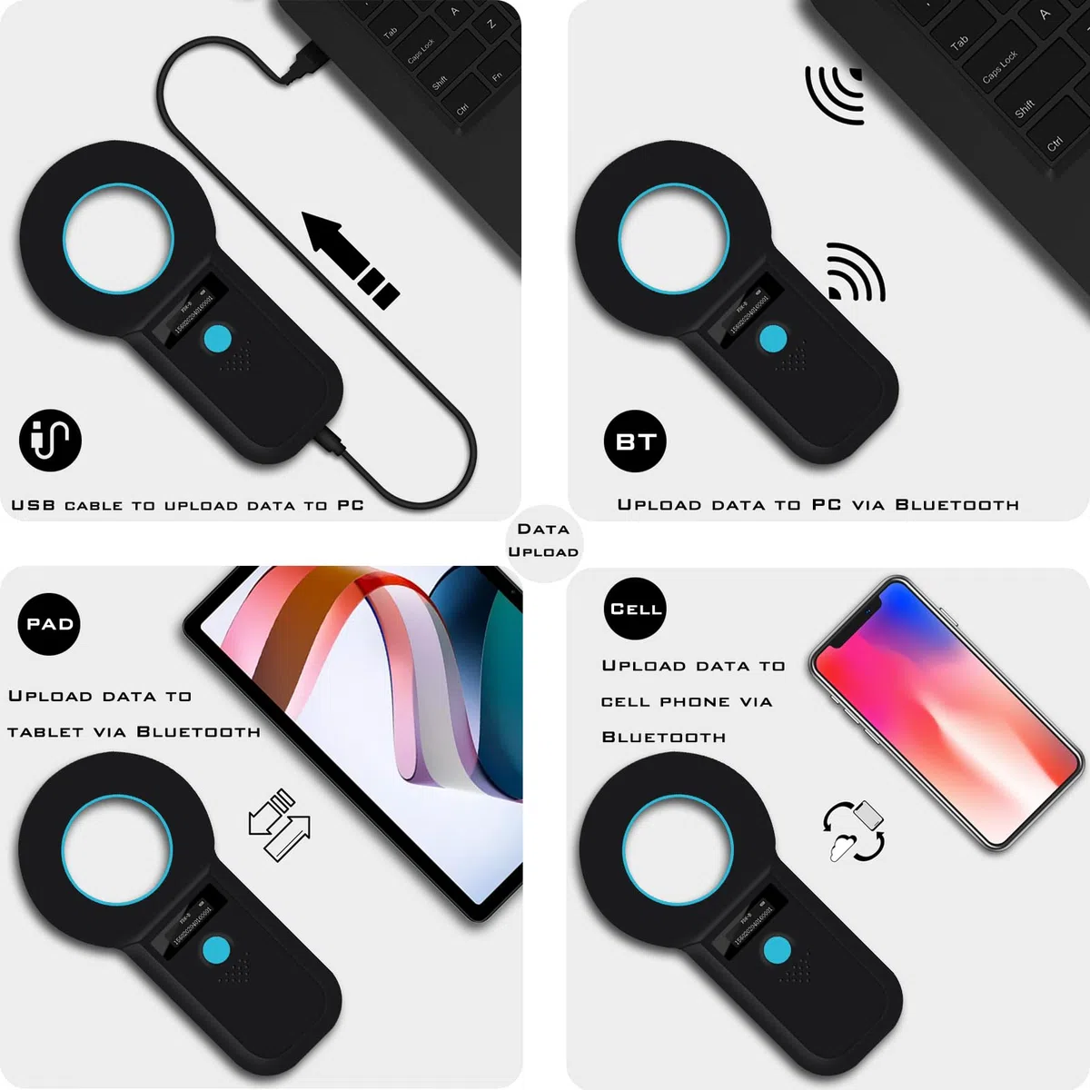 Smoostart Bluetooth Lettore Microchip Cani, Lettore Microchip per Animali FDX-B/EMID Cani/Domestici/suini con 1000 Dati di archiviazione Sincronizzazione dei Dati con Computer e Telefono Cellulare