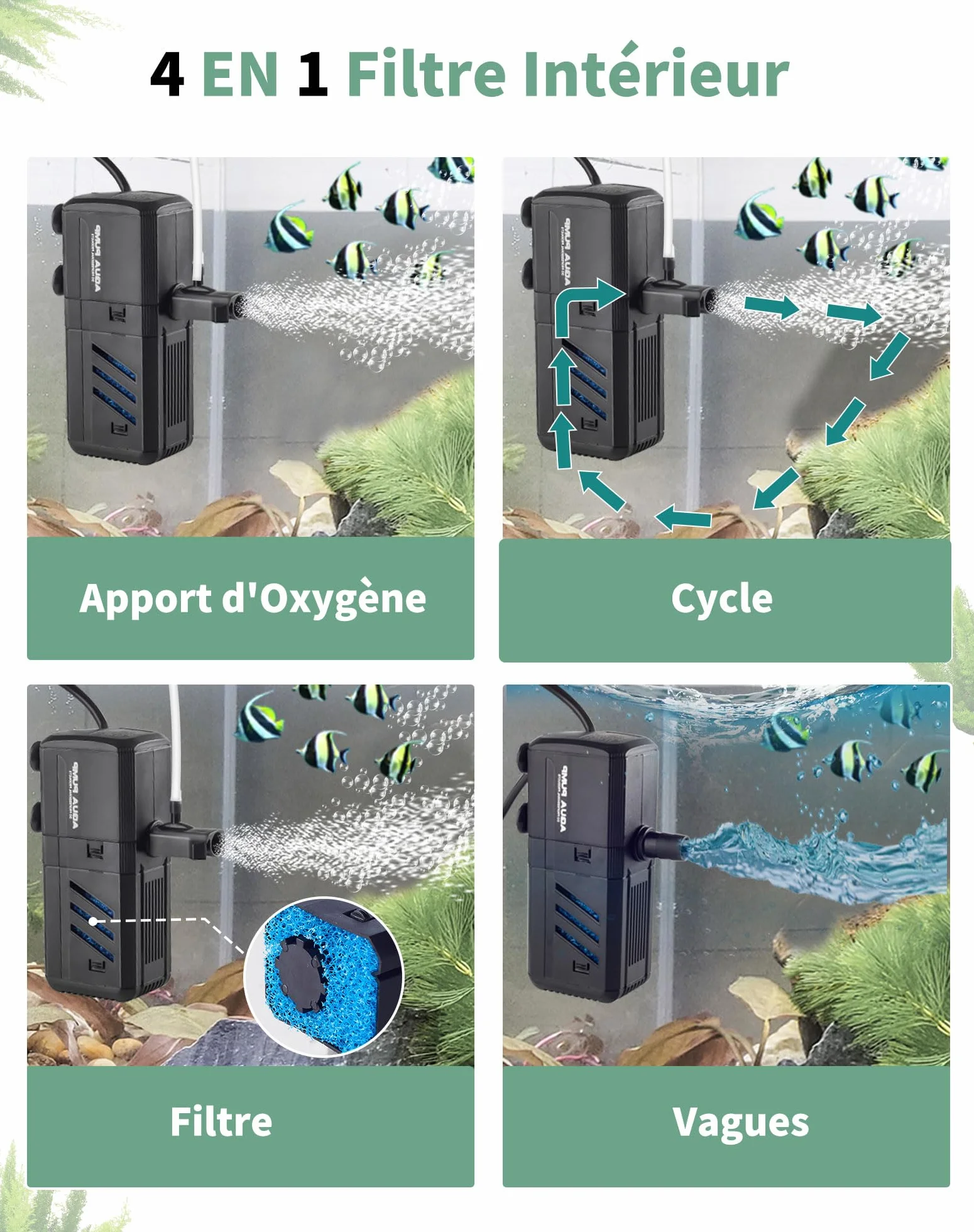 Filtro per Acquario Interno con Flusso Massimo di 500L/H 6W - Pompa Regolabile e Silenziosa per Acquari da 30L a 500L - Spugne Filtranti per Pesci e Tartarughe