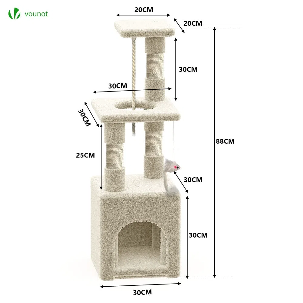 VOUNOT® Tiragraffi per Gatti, Albero Tiragraffi Gatto in Corda Sisal Naturale con Giocattolo Gioco, Altezza 88cm, Beige