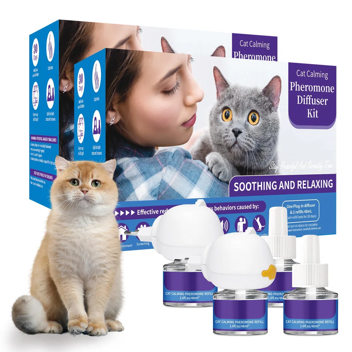 VICSOM Kit Diffusore Feromoni per Gatti 6 in 1, 120 Giorni Calmante per Gatti, Feromoni Gatto Diffusore per Un Rilassamento Duraturo, Sollievo da Ansia e Stress(2 Diffusore + 4x48ml Ricariche)