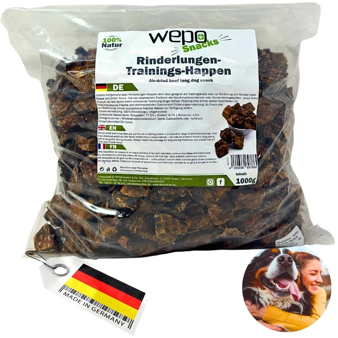 WEPO Deliziosi per cani – 1 kg di polmoni bovini secchi – snack sani per cani – Dog Treats – snack da masticare – Sano & Made in DE – Fornisce proteine, vitamine e minerali