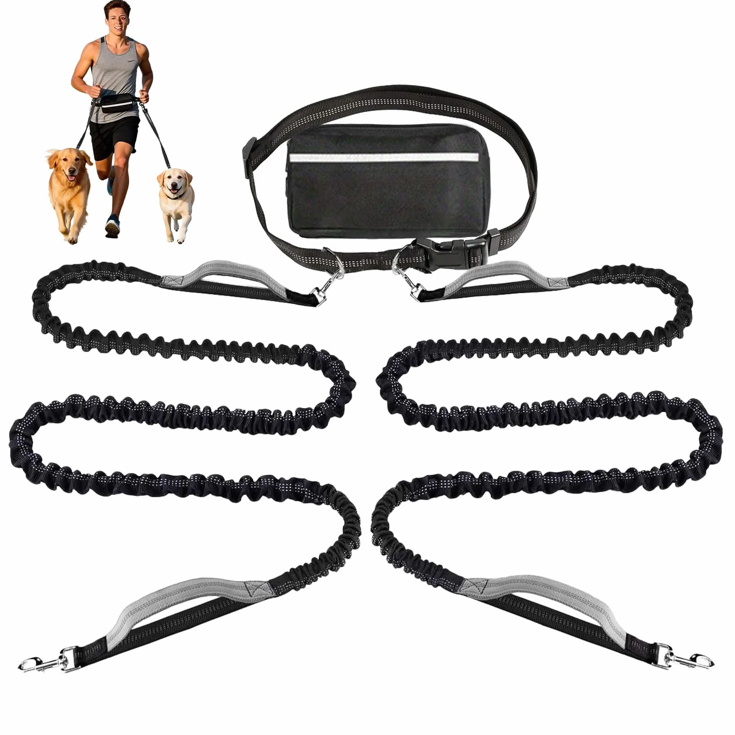 Guinzaglio per Cani, Guinzaglio Cane,Guinzaglio Doppio per Cani, Cintura in Vita Regolabile, Riflettente, Guinzaglio Mani Libere per Cani, per Corsa,Jogging，Camminata,Allenamento, Escursionismo(Nero)
