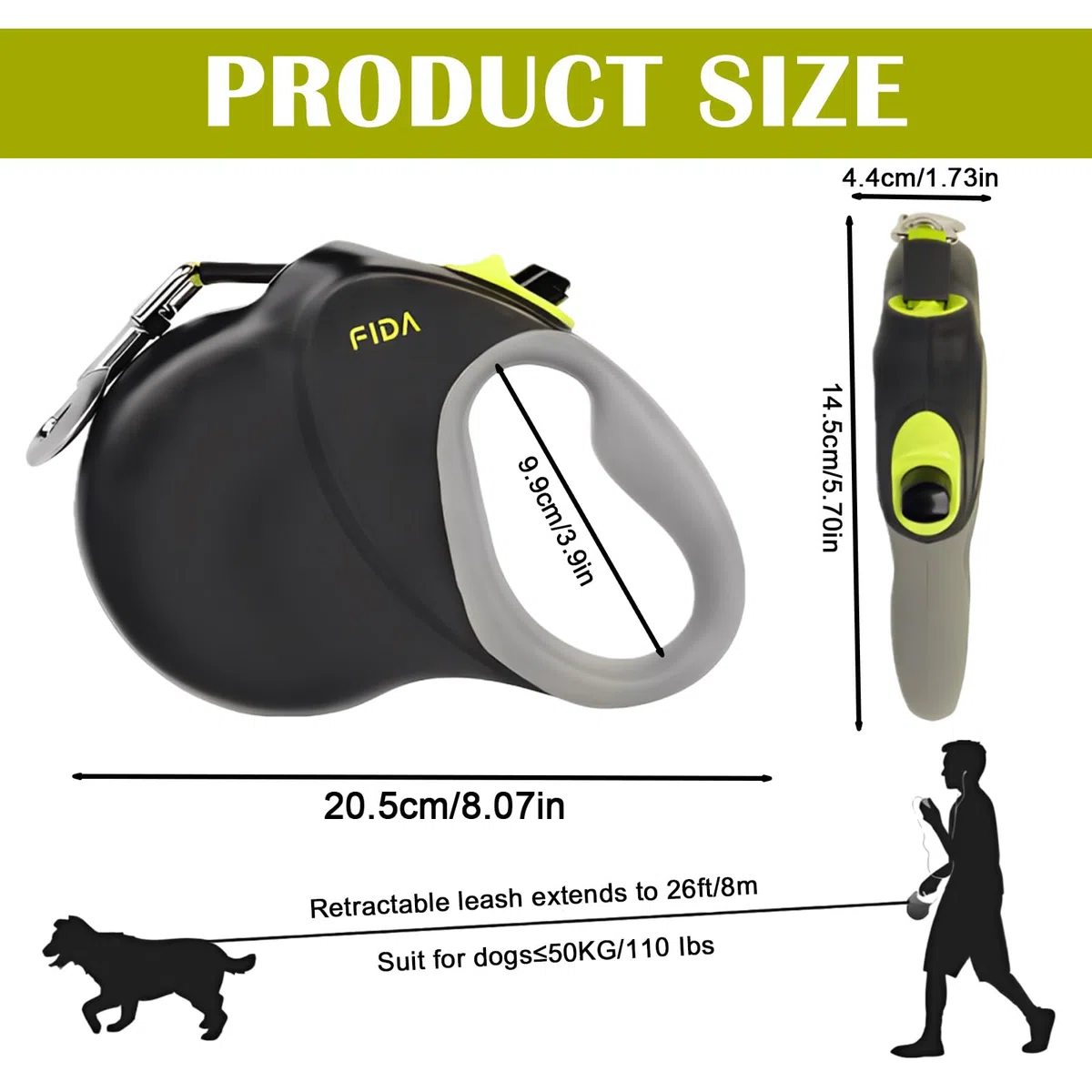 Guinzaglio Cane, Guinzaglio Retrattile Per Cani, Guinzaglio Per Cani Allungabile Riflettente, Impugnatura Ergonomica, Nylon Resistente, Lunghezza 8 Metri, Fino A 50 Kg, Nero E Giallo