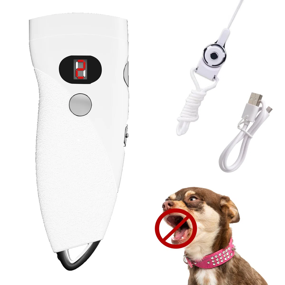 Ankrs Portatile Ultrasuoni Antiabbaio per Cani, Controllo dell'abbaio da Esterno, 9 Livello Regorabile, Portata 7,6M, USB Ricaricabile, Dispositivo di Addestramento Cani con Torcia LED (Bianco)