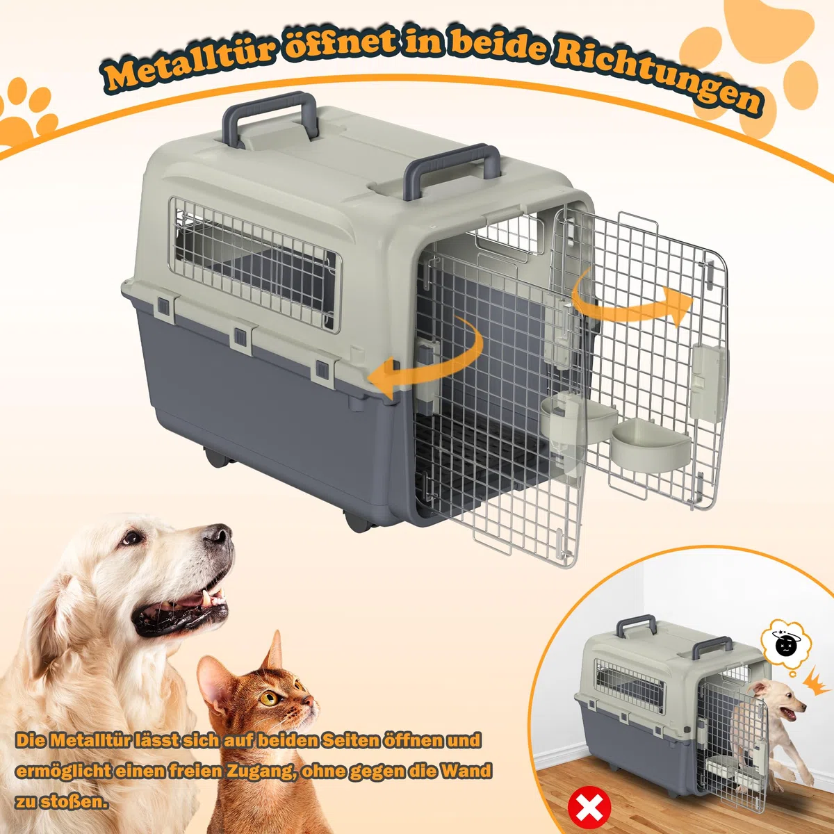 YUENFONG Trasportino per cani e gatti, con porta in ferro e prese d'aria, con cuscino e ciotola, 67 x 51 x 58,5 cm, con ruote e finestra in metallo