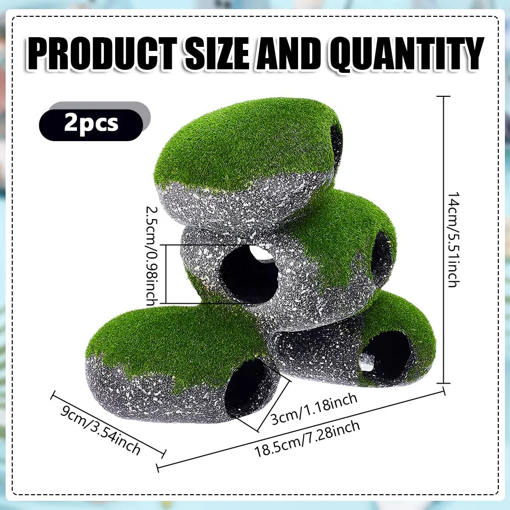2 grotte di roccia per acquario con muschio artificiale, 8,9 x 18,3 x 14,9 cm, decorazioni per acquario, roccia con design cavo, per decorazione e habitat