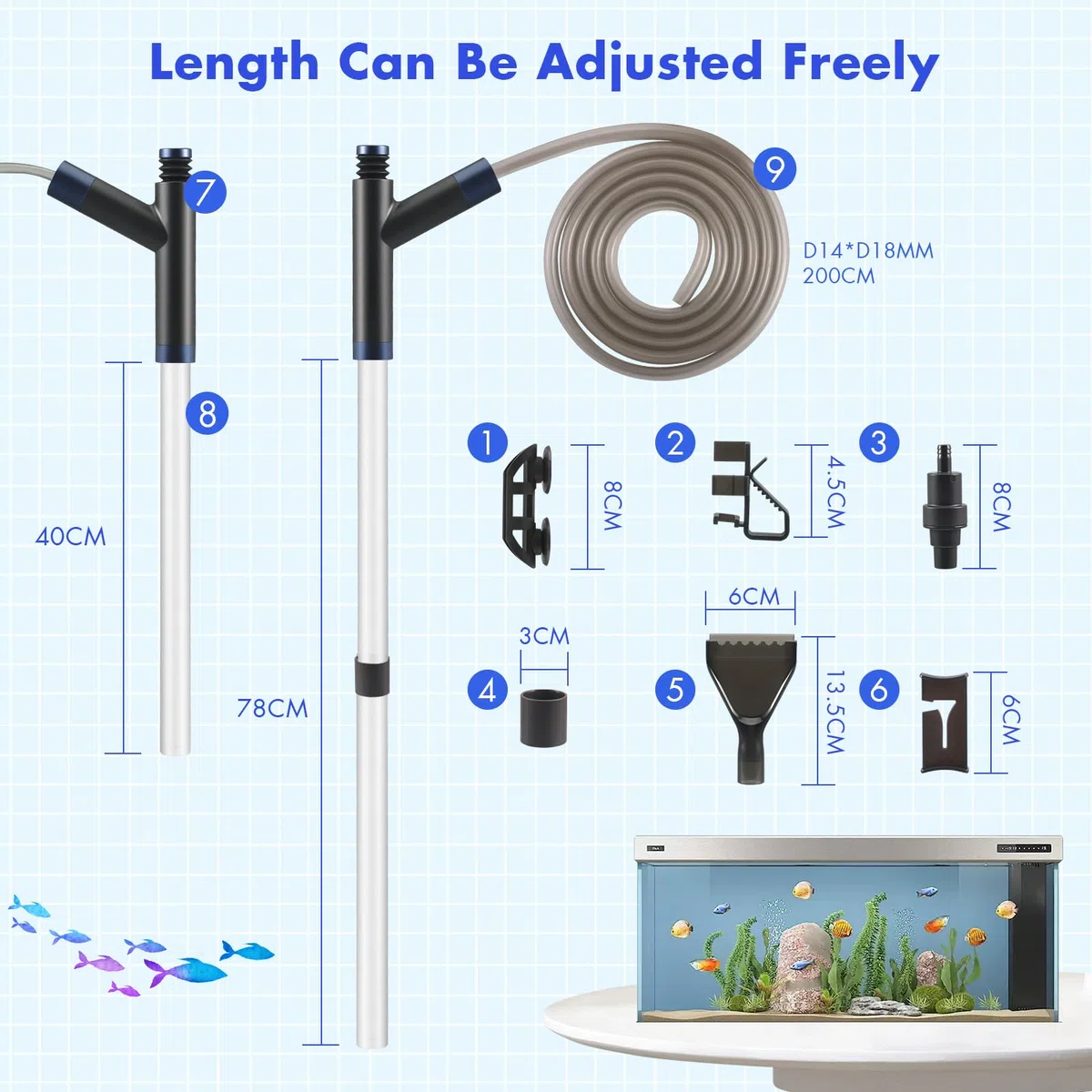 Aspiraghiaia per acquari, 4 in 1 Pulizia Acquario Multifunzionale, regolabile manuale Pulizia Acquario Ghiaia, Cambia Acqua per acquari, Cambio Acqua, Pulizia Sabbia, Rimozione Sporco, Filtraggio