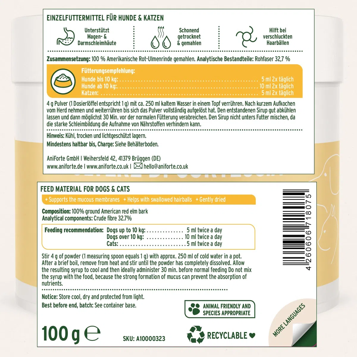 AniForte American Elm Bark Powder 100g - Slippery Elm Bark Powder Naturale per Cani e Gatti, Benessere del Tratto gastrointestinale, Supporto della Flora intestinale, apporto di vitamine
