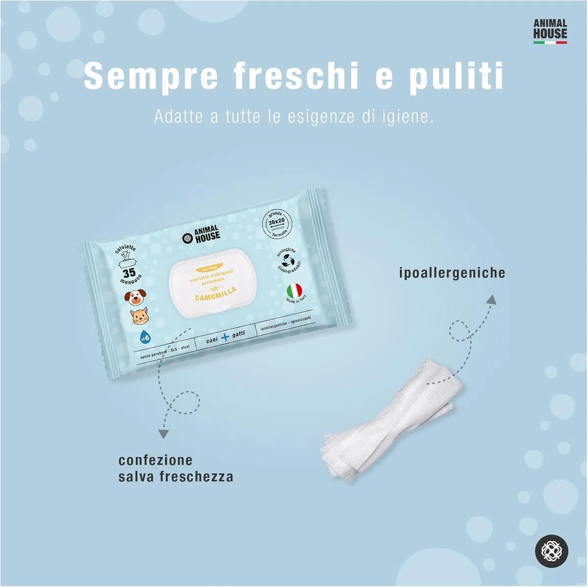 Animal House Salviette Profumate 350 PZ: Salviette Umidificate Ipoallergeniche e Biodegradabili per la Pulizia Quotidiana di Cani e Gatti (350, CAMOMILLA)