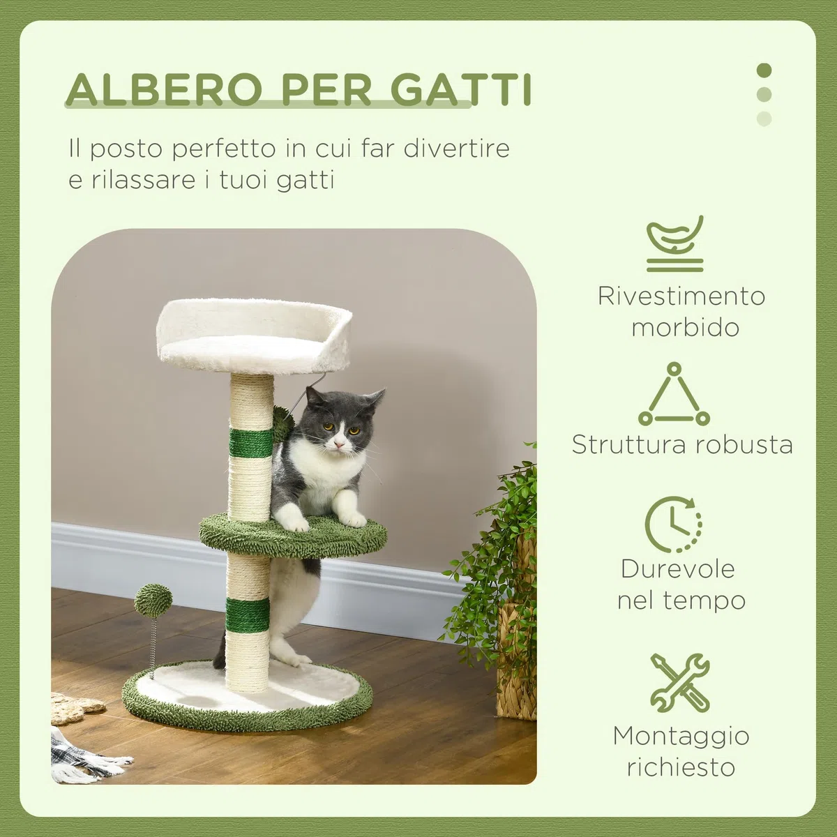 PawHut Albero Tiragraffi con Lettino per Gatti, 2 Palline, Piattaforma e Palo in Sisal, Palestra per Gatti con Rivestimento in Chenille e Peluche, Verde e Bianco