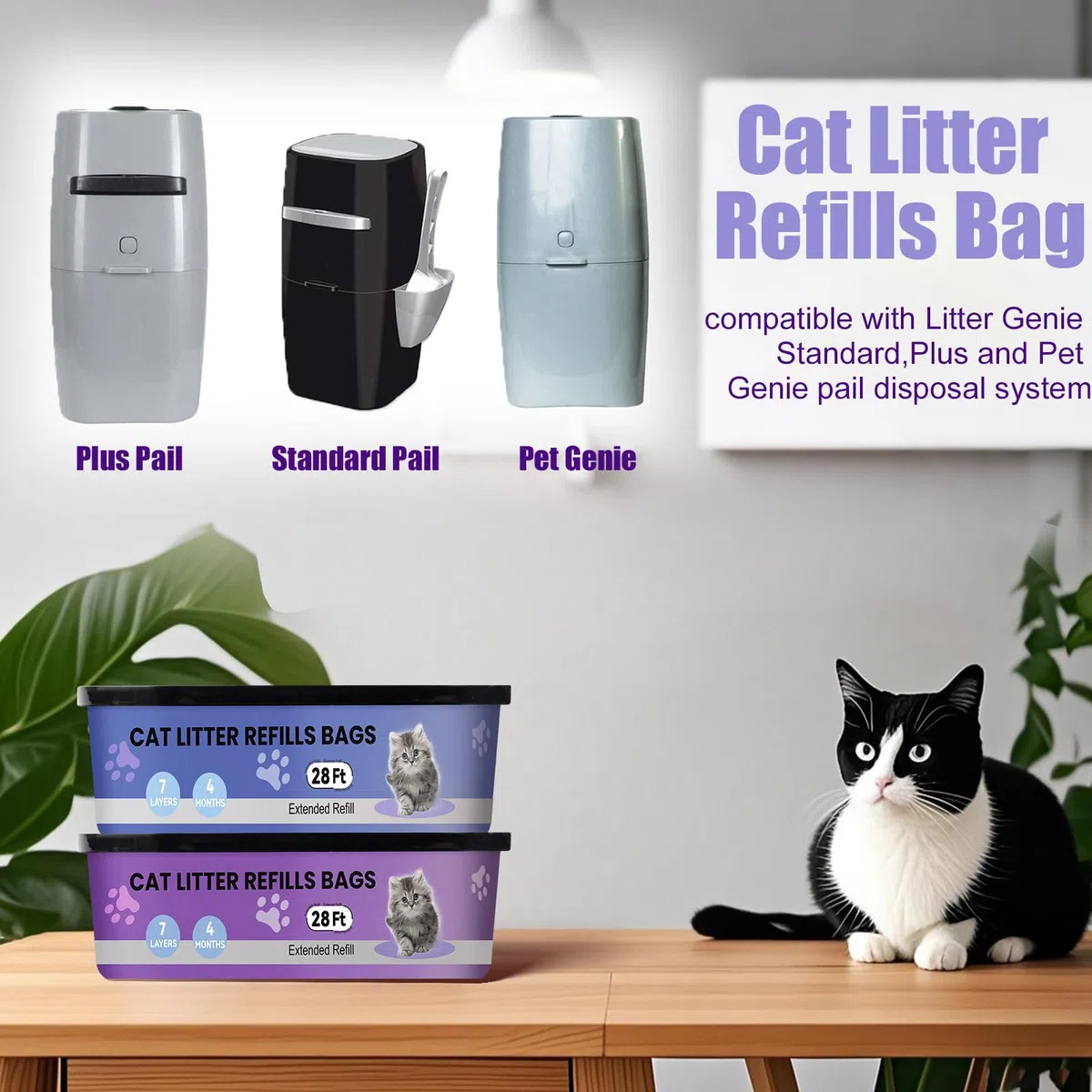 compatibili con i modelli Litter Genie Standard,Plus,XL e Style Box Refills,Controllo dell'odore super potente，Ricarica per Gatti，8,5 m per confezione, 2 ricariche