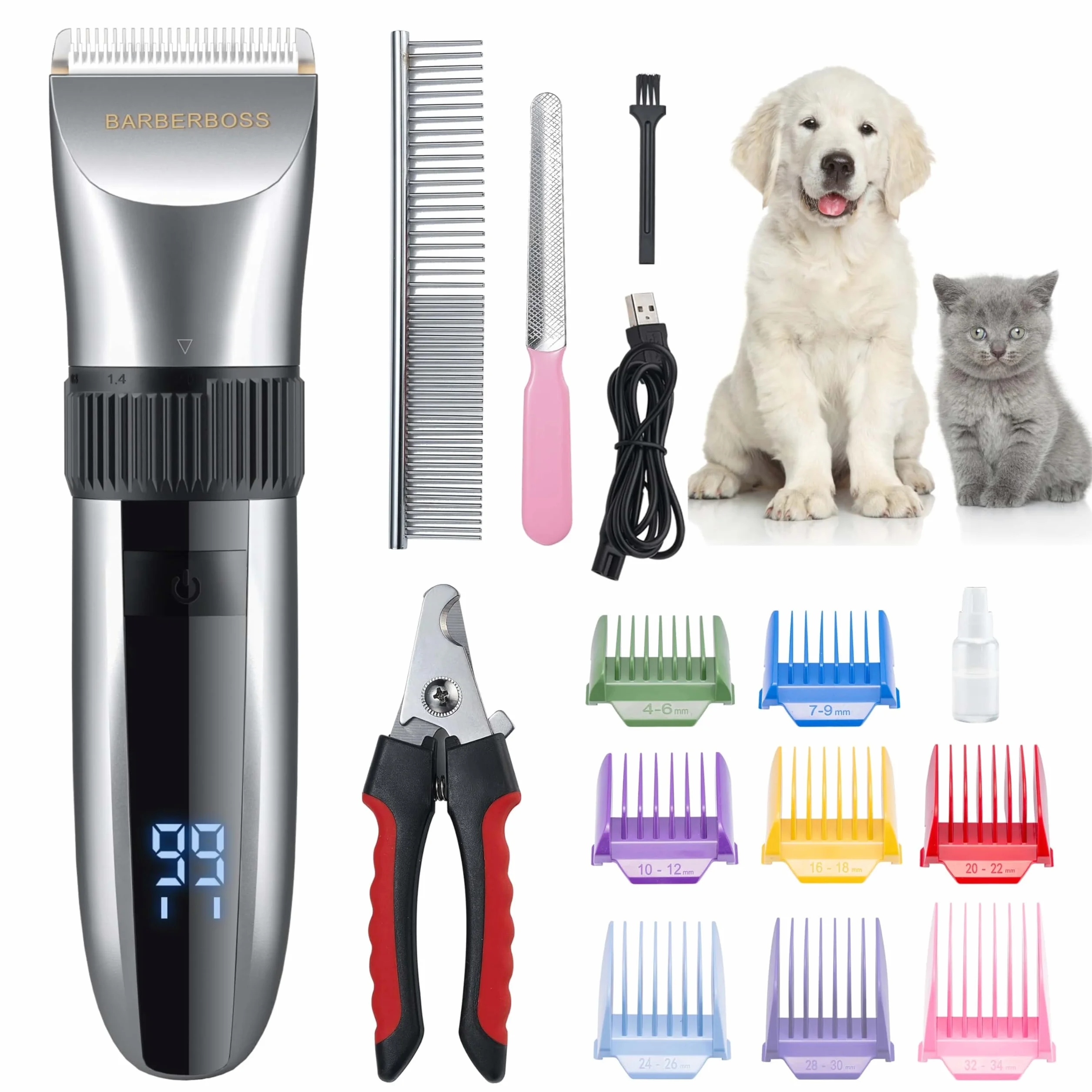BarberBoss Tagliacapelli senza fili per cani, impermeabile, lame in ceramica, display a LED, attacco a 8 colori, tagliacapelli elettrico a basso rumore per cani gatti (Silver)